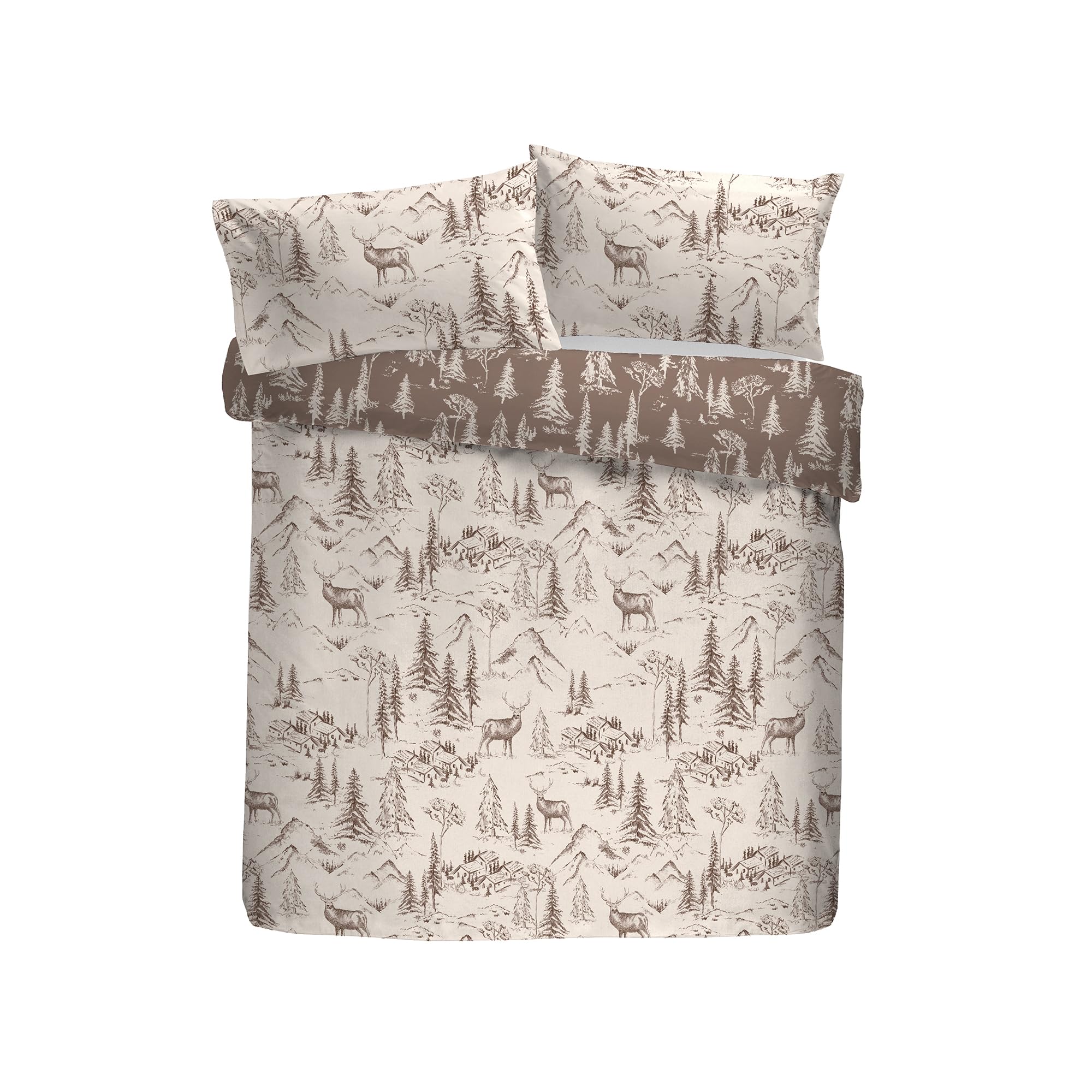 Dreams & Drapes Lodge Alpine Stag Duvet Cover Set, 100% Brushed Cotton, Double 200x200cm, Natural, Hand-Drawn Mountain Lodge Print, Orange