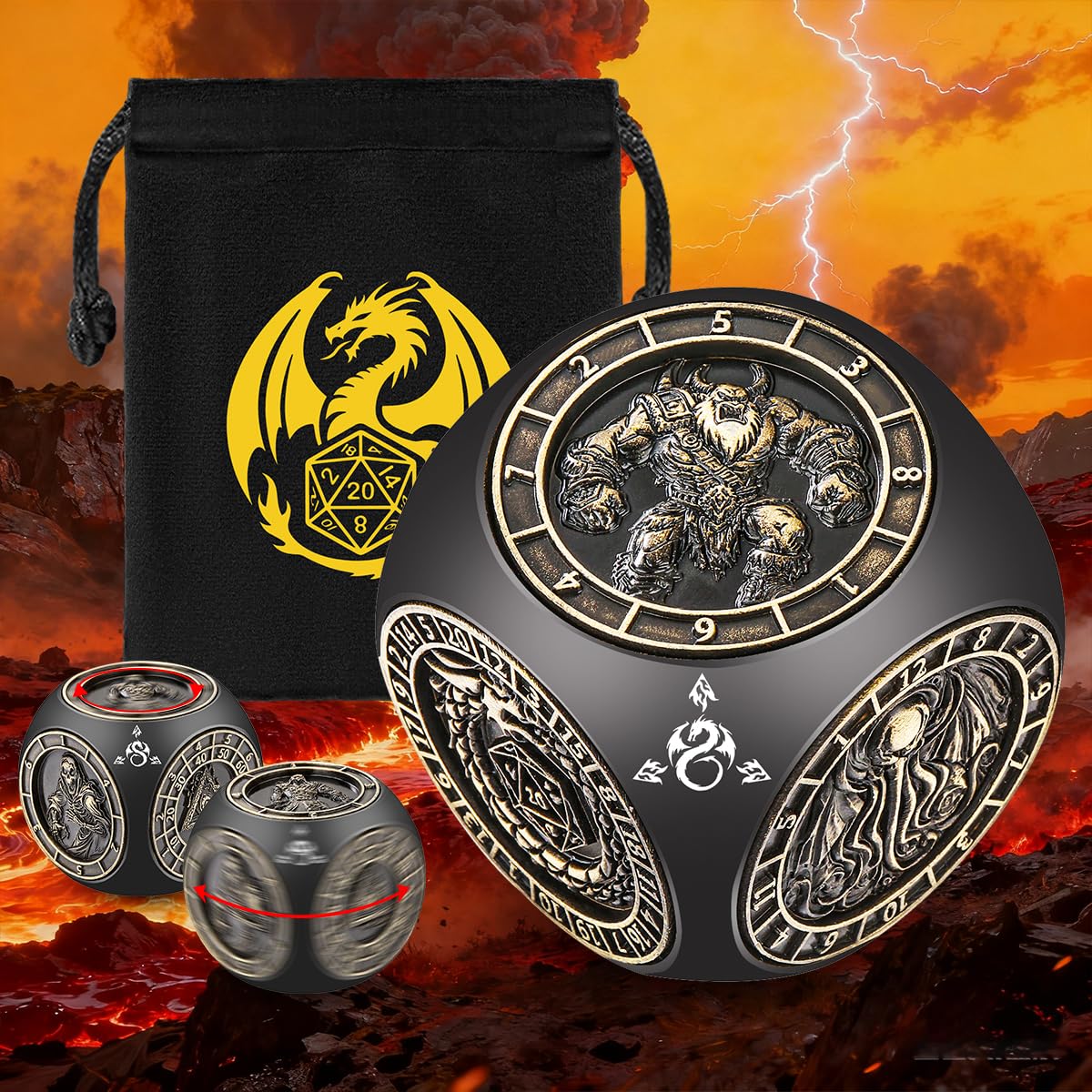 DND Spinner 7-en-1 Dés, Design en Relief 3D, Set de Dés en Métal D&D, Motif à 6 Côtés, Dés de Jeu Rotatifs Polyédriques D&D, Cadeaux DND avec Boîte Cadeau à Logo Dragon, Jeu de Rôle Accessoires, Noir