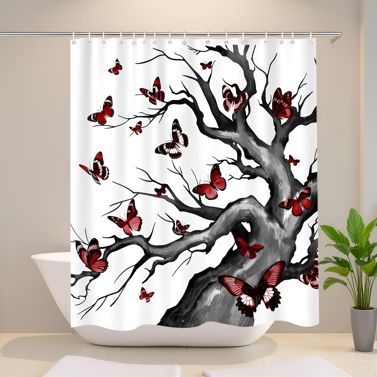 Butterfly Shower Curtain Tree of Life Bathroom Curtain Red Black and White Bathroom Decor Home Decoration with Hooks 72"x72"