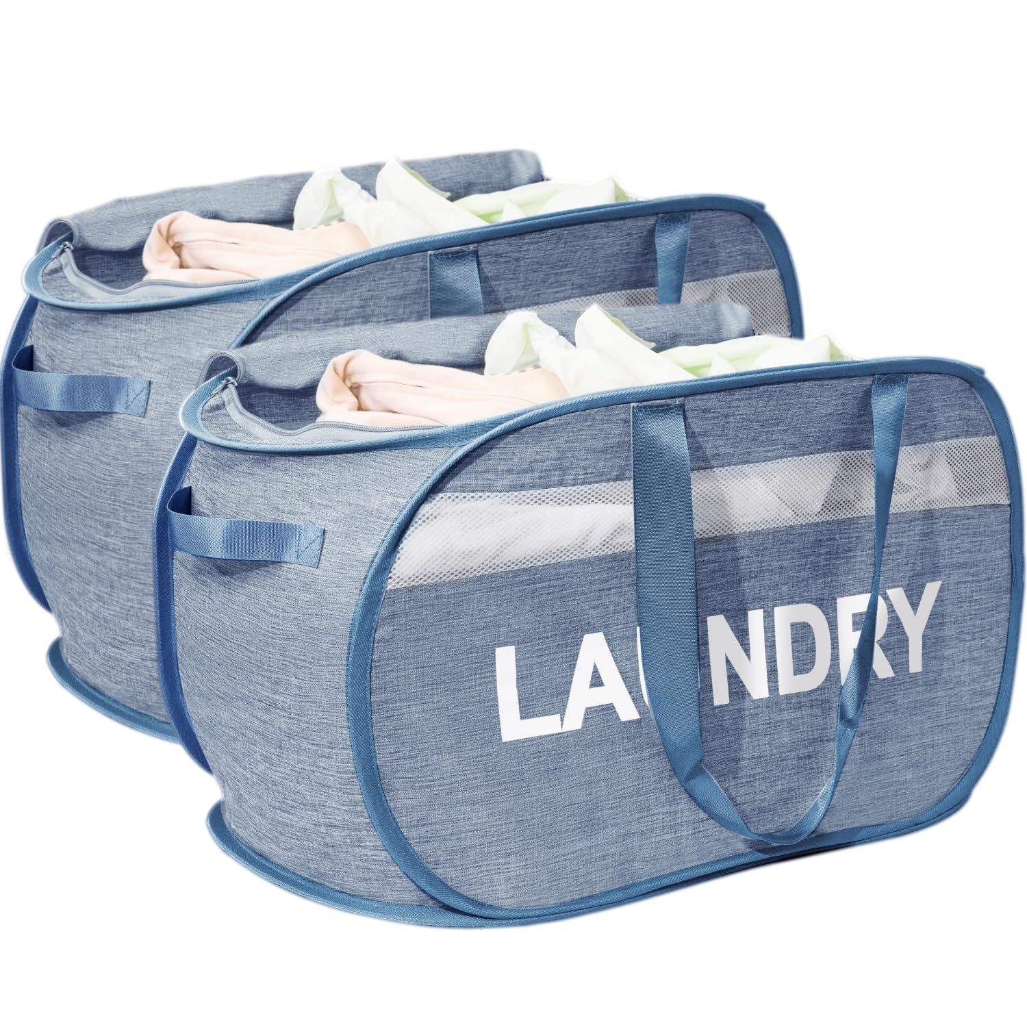 SWIITAEY Collapsible Laundry Basket 2 Pack, Foldable Pop Up Blue Laundry Baskets Mesh with Lid & Handle, Pop Up Collapsible Laundrys Hamper, Fabric Laundrys Baskets for Dorm, Travel, Bathroom