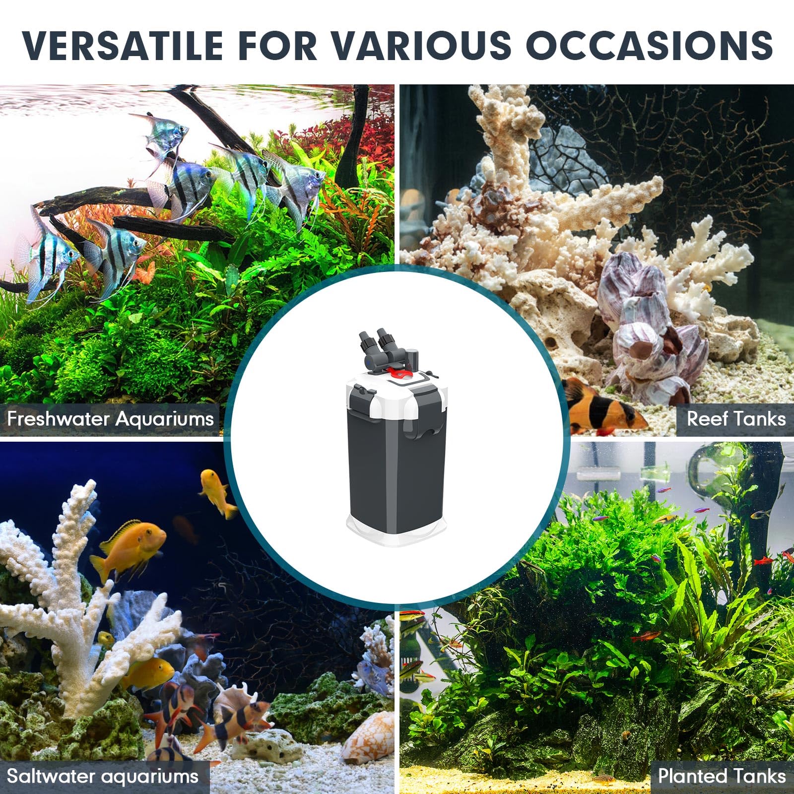 fishkeeper Filtro de recipiente de 225 GPH, filtro de acuario de filtración de 3 etapas | Bolas de cuarzo y filtro de algodón, filtro externo ultra silencioso para agua dulce y salada de hasta 65 galones (18 W)