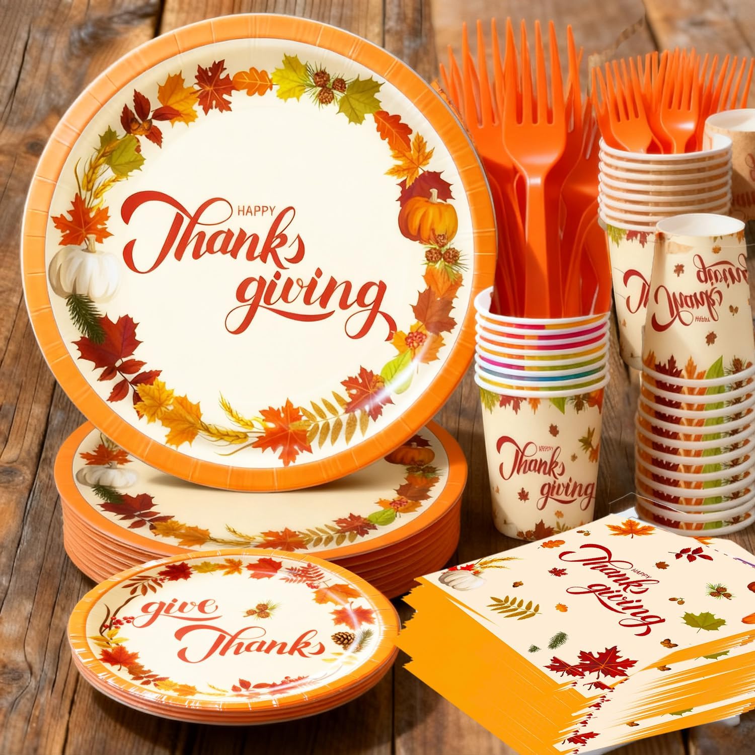 250pcs Thanksgiving Paper Plate Tableware Set with Utensils, Fall Party Supplies Dinnerware Serve 50 Guest, Maple Disposable Plates and Napkins Autumn Harvest Table Decor, Thanksgiving Party Supplies