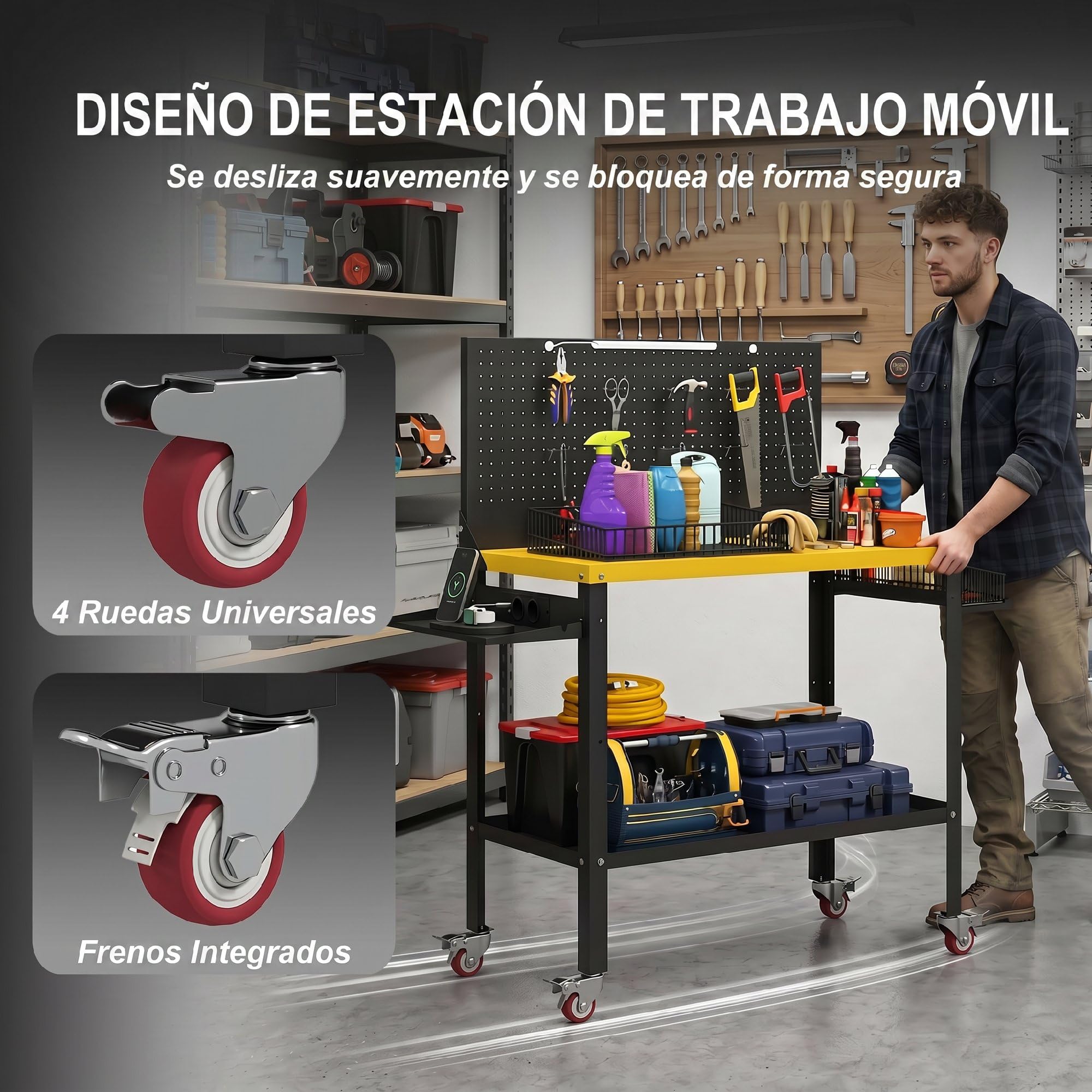 HOMCOM Banco de Trabajo con Panel Perforado y Ruedas, Mesa de Trabajo con Enchufes, USB, Luz LED y Estructura Metálica, Carga 300 kg, Banco para Garaje o Taller, 128x49,5x127,5 cm, Negro y Amarillo