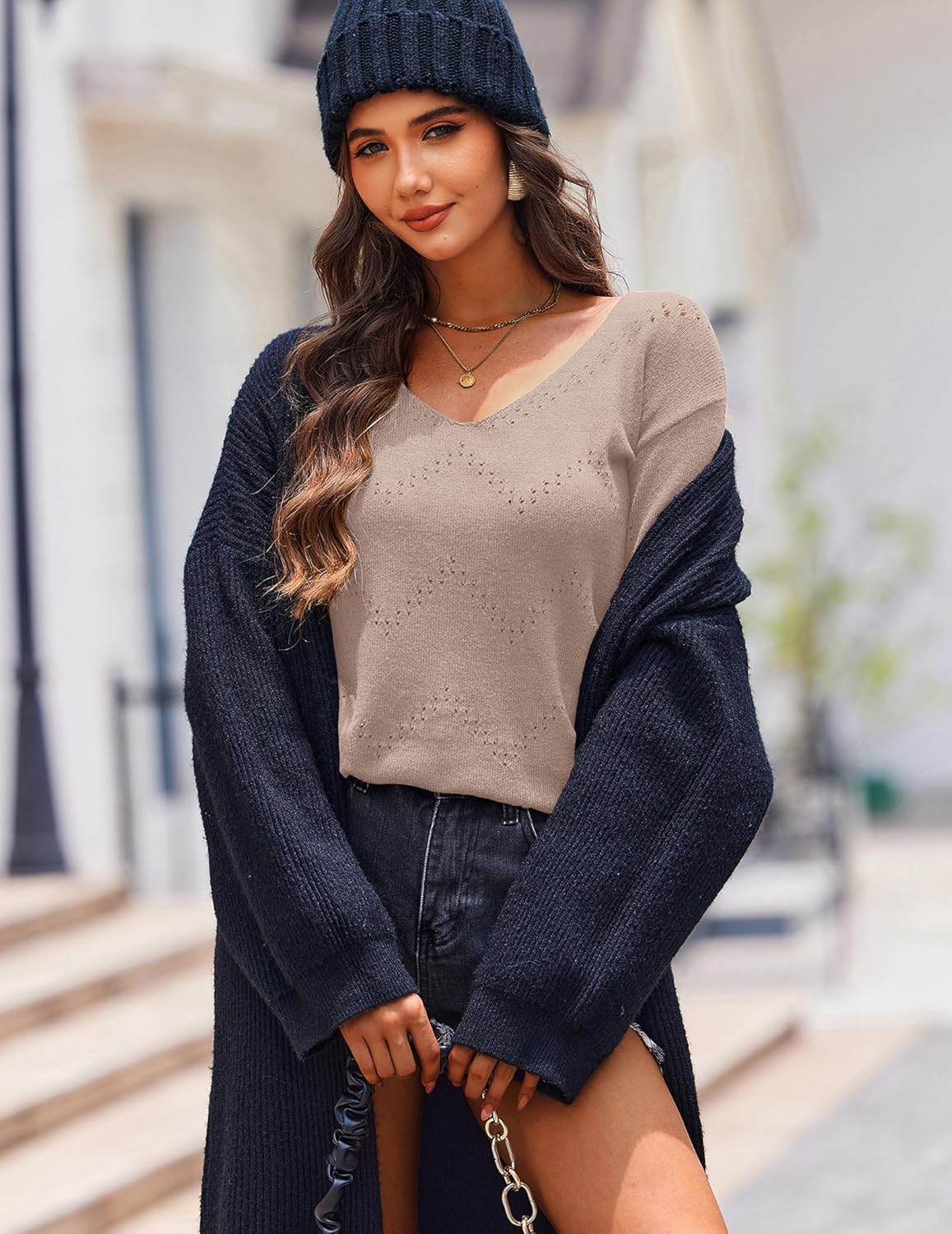 Zeagoo Womens Sweaters Fall Trendy Casual Long Sleeve Shirt Lightweight V Neck Off Shoulder Crochet Pullover Top Outfit - Image 3