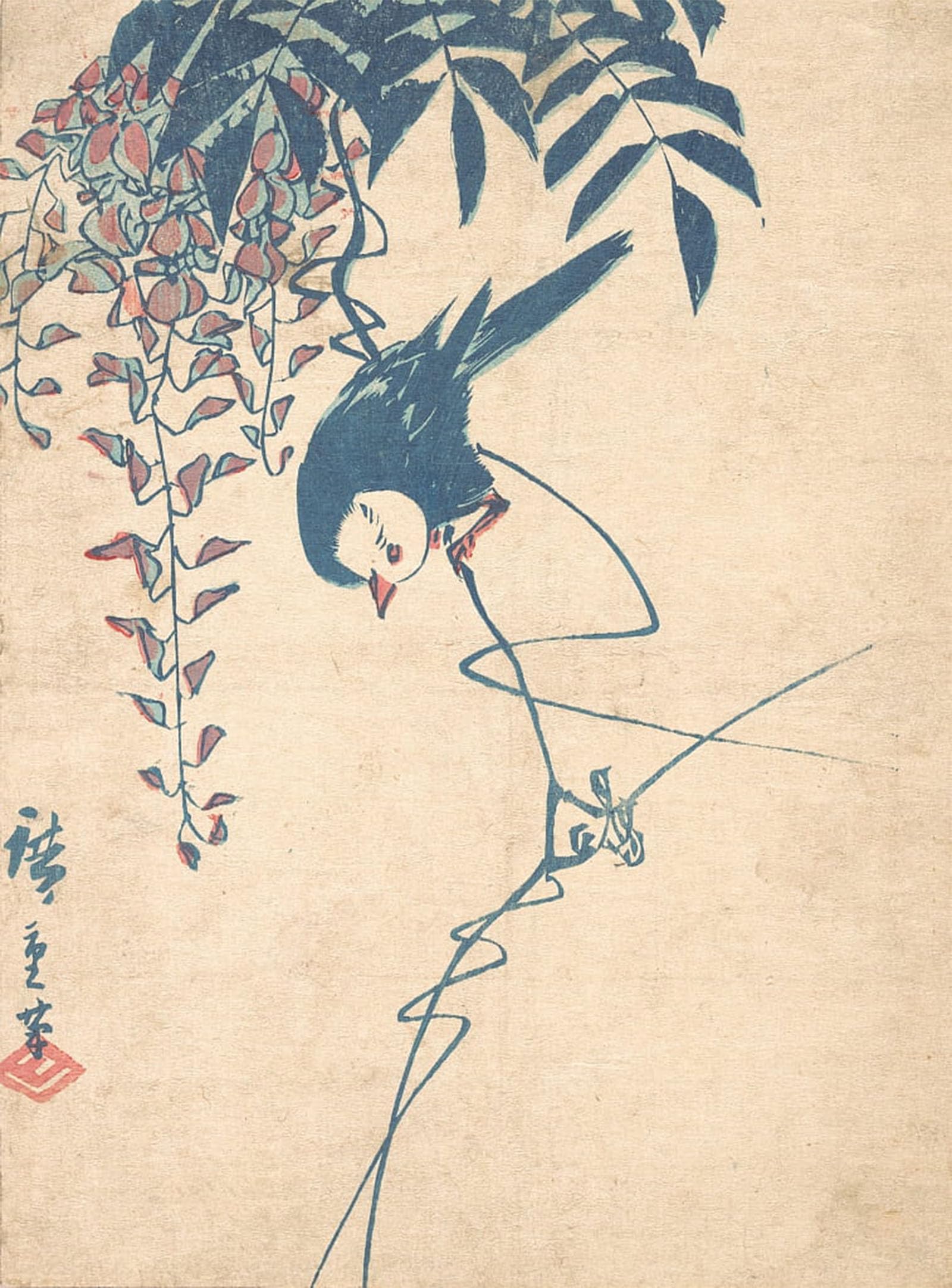 SERENDIPITP Abstract Painting Mural Print Picture Wall Decor Painting Wisteria and White-headed Bird by Ando Hiroshige Vintage Wall Artwork for Home Decor 60x90cm