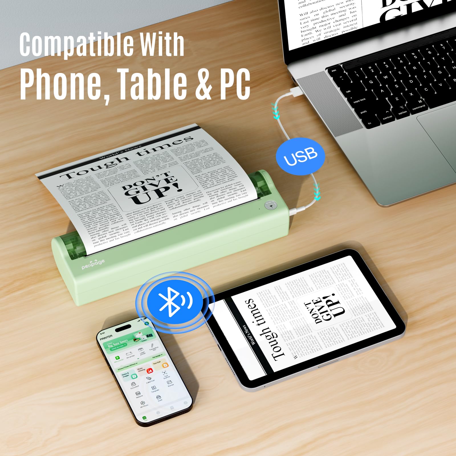 Bisofice P80 Stampante Portatile A4 Senza Arricciature, PeriPage Stampante Termica Bluetooth per Cellulare, USB per PC, Stampa liscia, Compatibile con Android/iOS/Win/Mac
