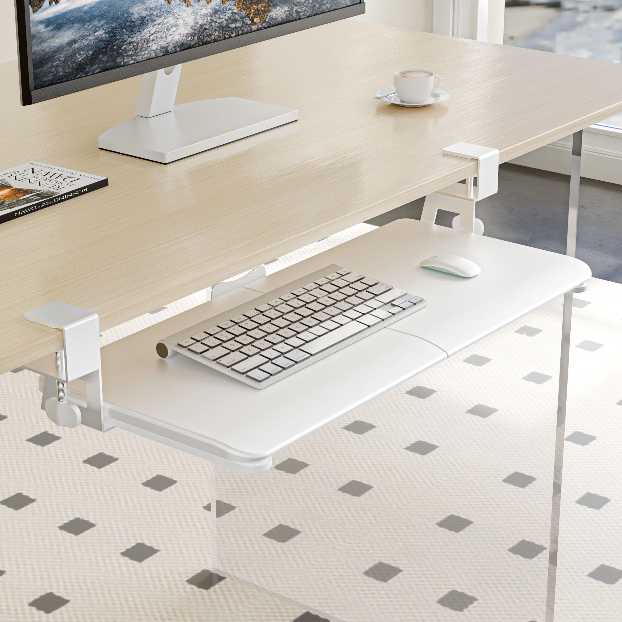 ERGOMAKER Tastaturablage, tastaturauszug untertischmontage mit C-Klemmhalterung, ergonomische Tastaturablage zum Tippen 650x300 mm, Büro und Zuhause (Weiß)