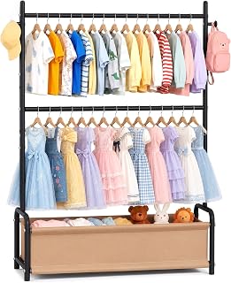 Kids Clothes Rack with Double Rod Height Adjustable Clothing Rack Black | Storage Basket & Hooks, Height Adjustable Kids Clothes Rack, Portable Baby Dress Up Garment Rack for Princess Dresses