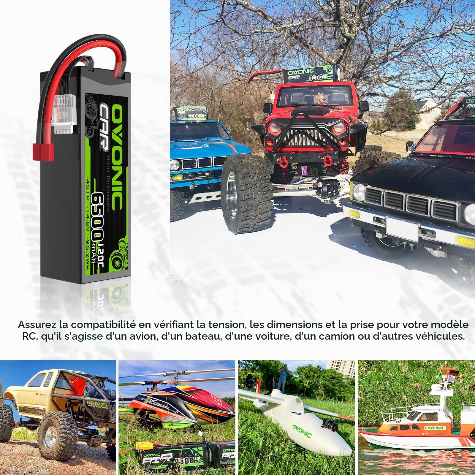 OVONIC Lot de 2 batteries Lipo 4S 14,8 V 120 C 6500 mAh avec prise Deans T pour voiture RC truggy quadcoptère hélicoptère camion bateau avion