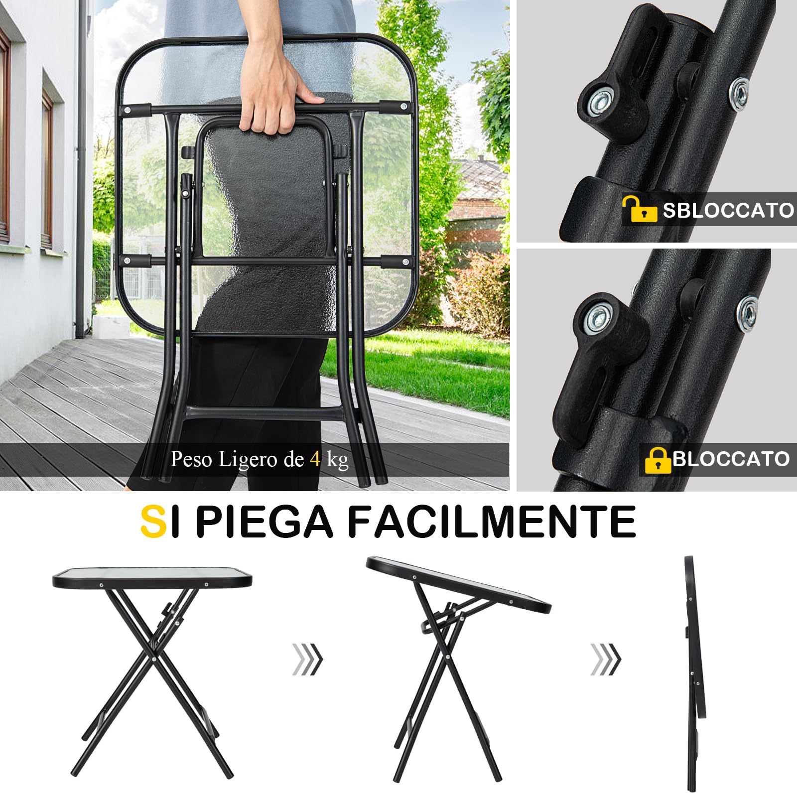 GYMAX Tavolo Quadrato da Giardino Pieghevole, Tavolino da Caffè in Vetro e Telaio in Metallo, Piano in Vetro Temperato, Tavolo da Esterno per Cortile Giardino Balcone