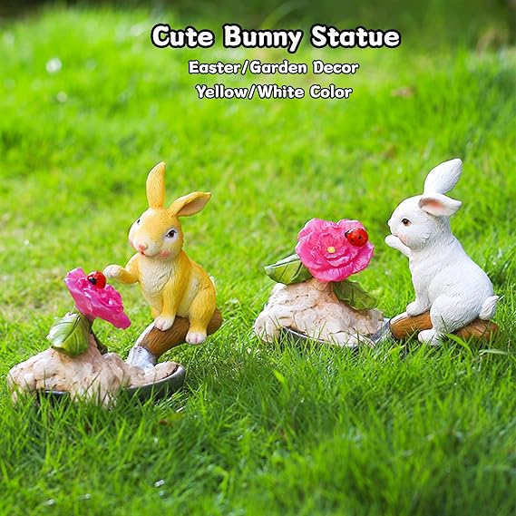 AVEKI Solar Garden Bunny Statue, Outdoor Waterproof Rabbit Resin Figurine with Flower Light, Easter Bunny Statue Decor for Garden Lawn Yard Porch, Funny Rabbit Gifts for Easter Mother's Day (White)