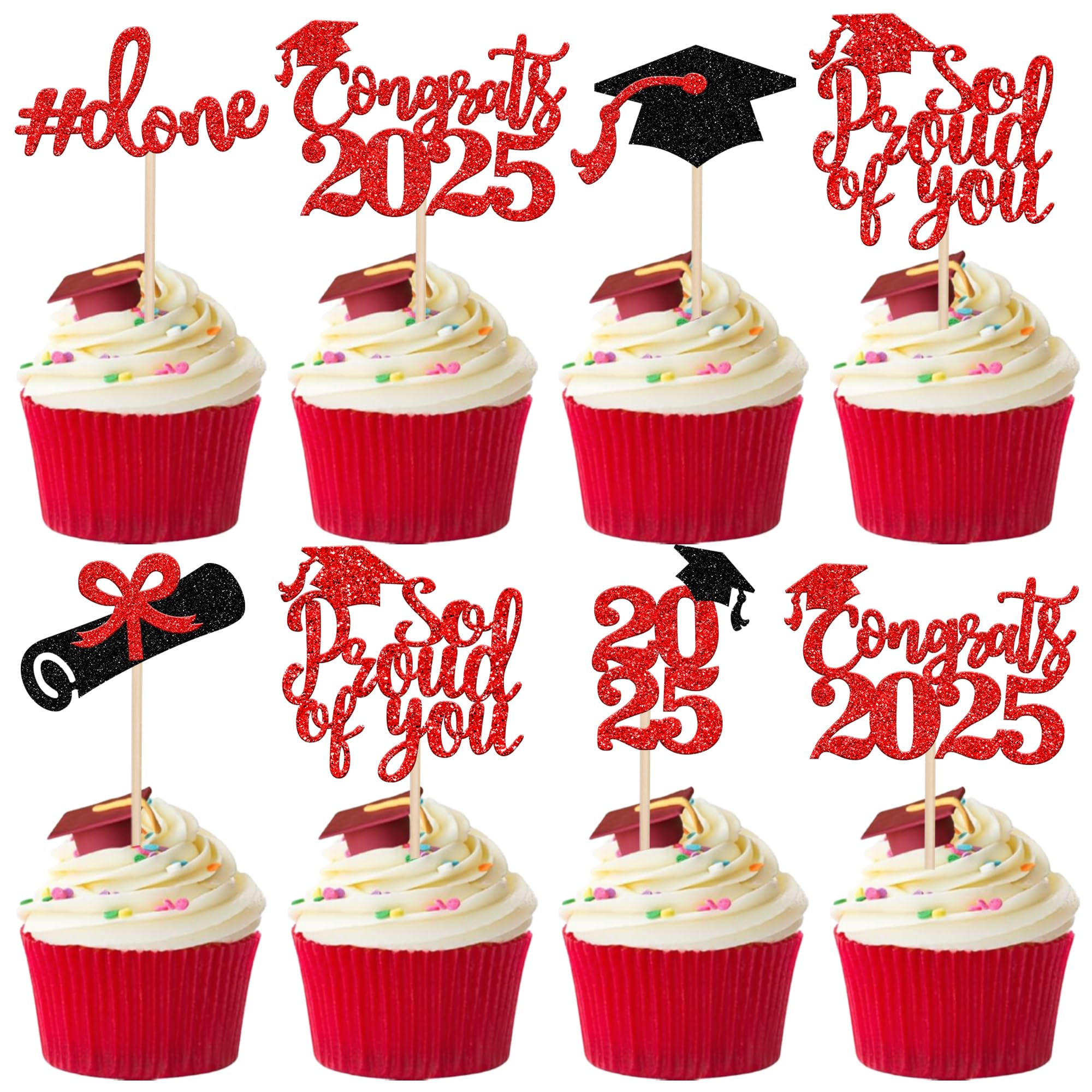 Class Of 2025 Congrats Grad Cupcake Toppers – 36-Pack Glitter Graduation Cap & Diploma Picks, Red