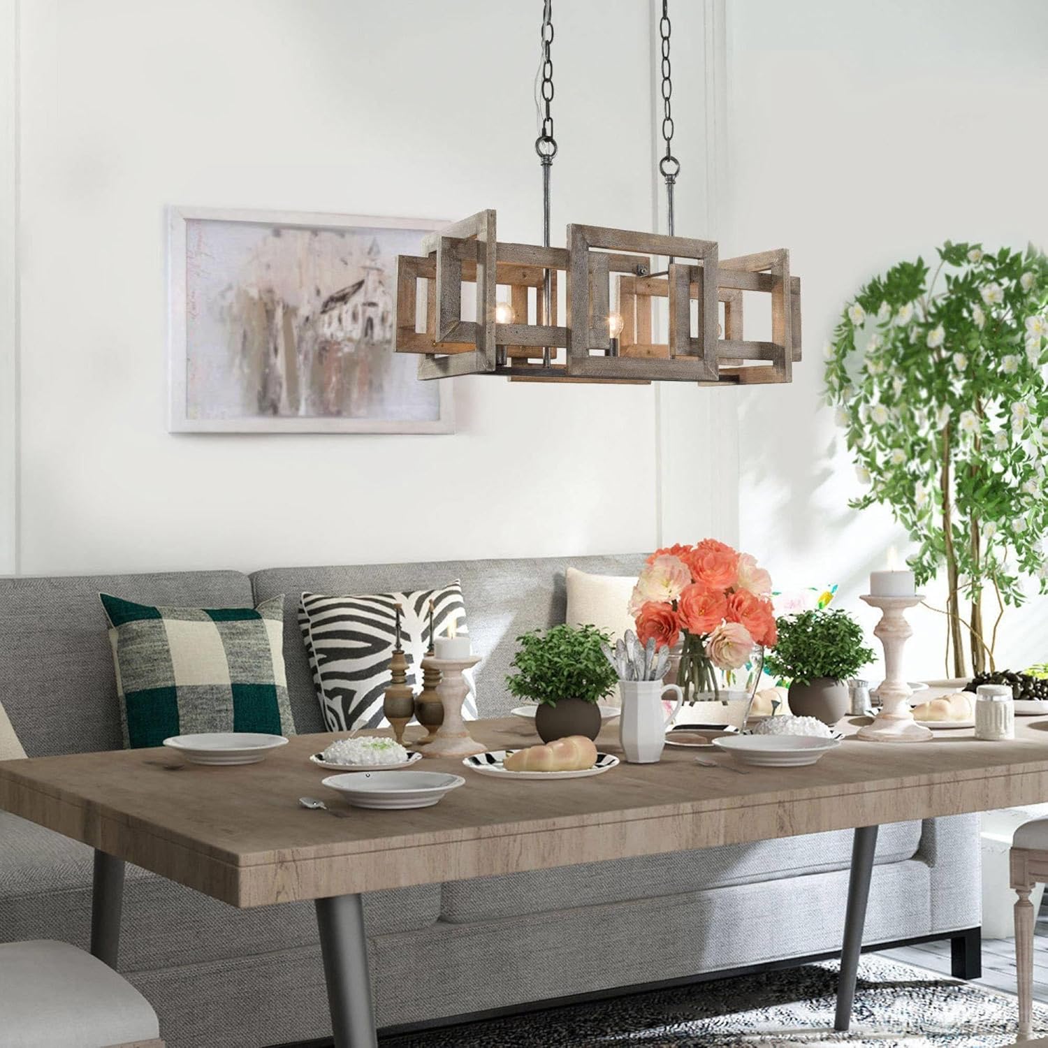 Wood Chandelier, Farmhouse 3-Light Kitchen Island Lighting, 22'' Rectangular Hanging Light Fixtures for Dining Room, Bedroom and Living Room