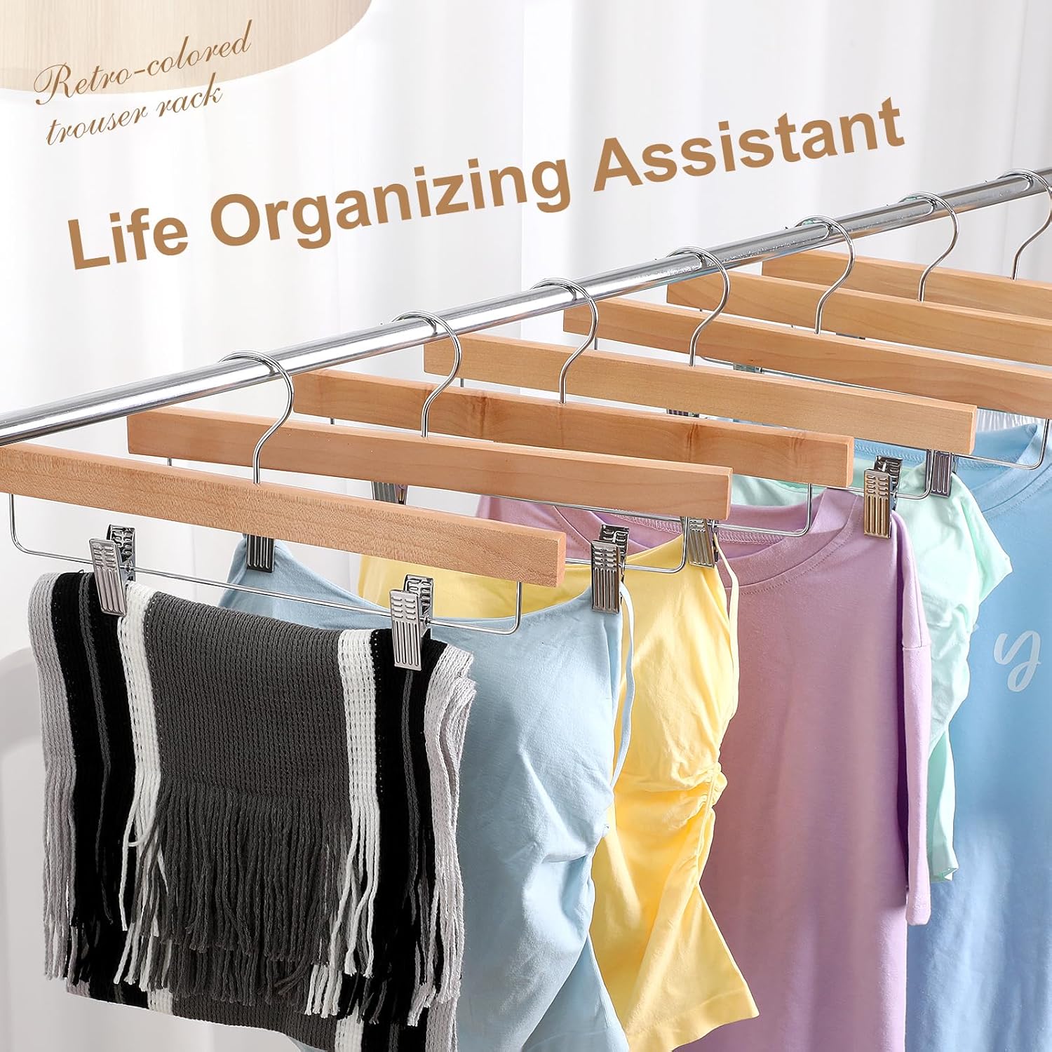 Sieral 30 Pack Wooden Pants Hangers with Clips Solid Wood Skirt Suit Coat Hangers with 2 Adjustable Clips 360 Degree Swivel Hook for Trousers Jeans Slacks Shorts Bottom, 14 Inch(Natural,Stylish)