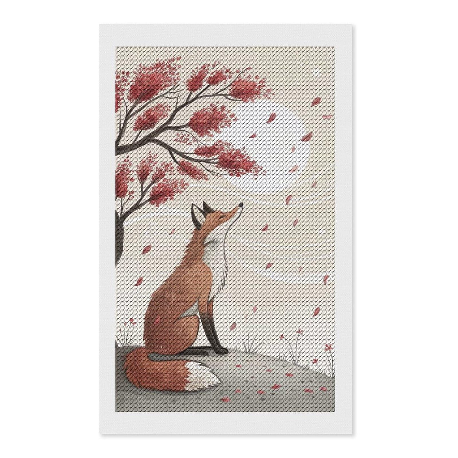 Junmoney Fox Under Autumn Tree Crystal Diamond Art Kit 12"x20", Stress Relief Craft, Decorative Artwork, Vintage Style Decor, Birthday Gift