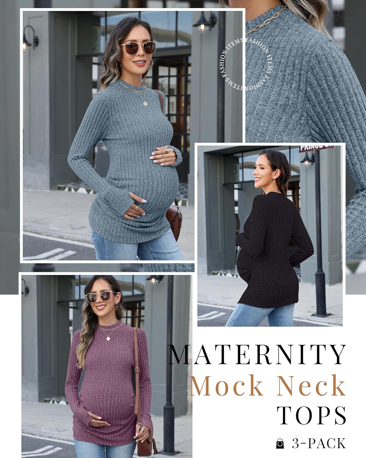 3 Pack Women's Maternity Shirts Mock Turtleneck Long Sleeve Ribbed Pregnancy Tops with Thumb Hole Mama Clothes - Image 2