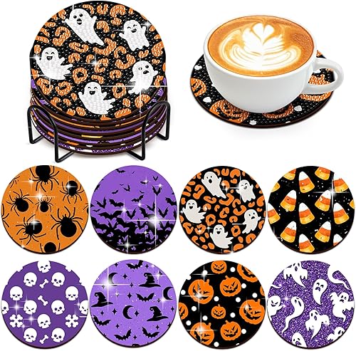 8 posavasos de Halloween con soporte, kit de arte de diamantes para principiantes, adultos y niños (Halloween-2)