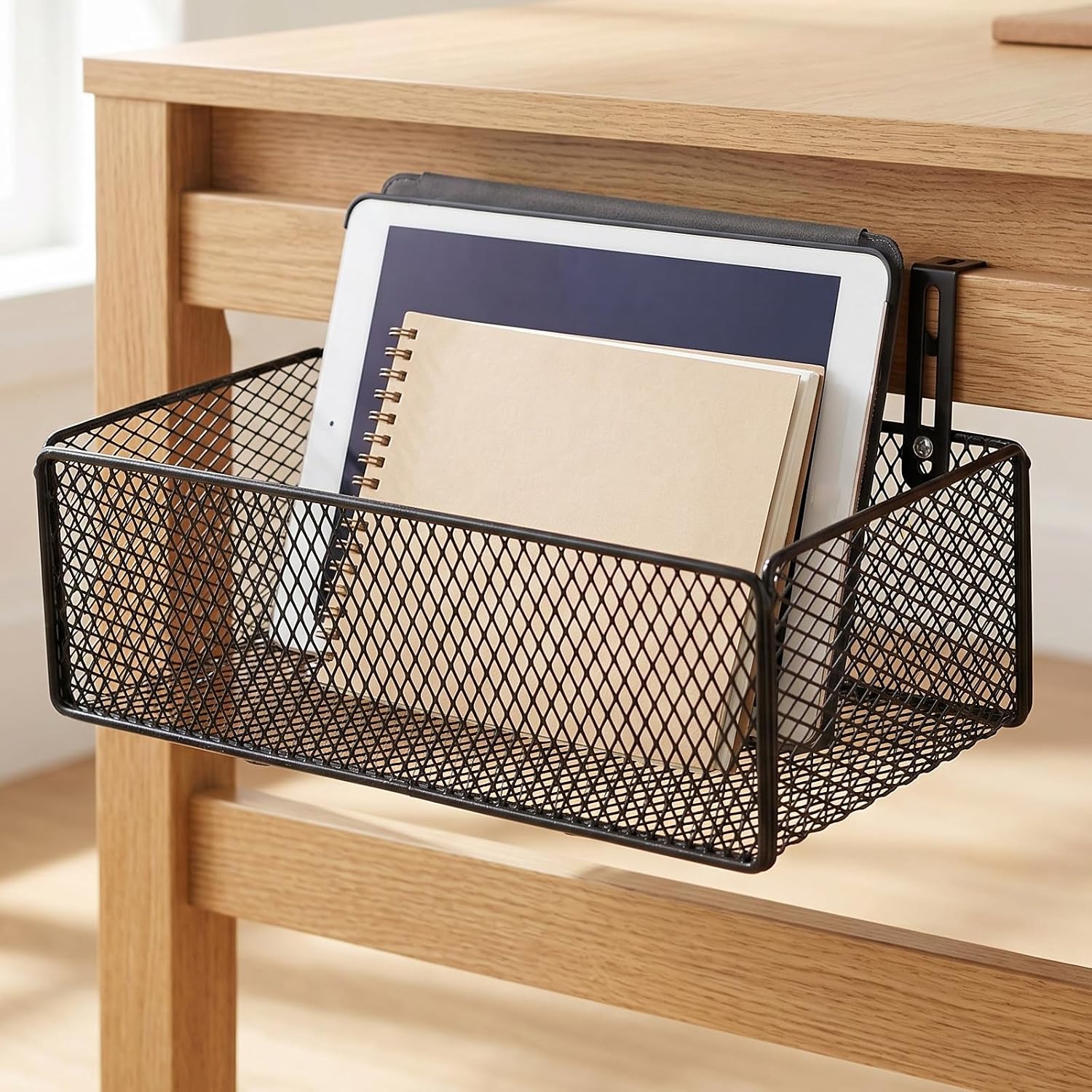 Veemoon Basket Bedside Adjustable Separate Hooks and Storage Compartments Caddy Shelf Black Iron Metal Wire Bed for Dorm for Bedroom and Student Dormitories