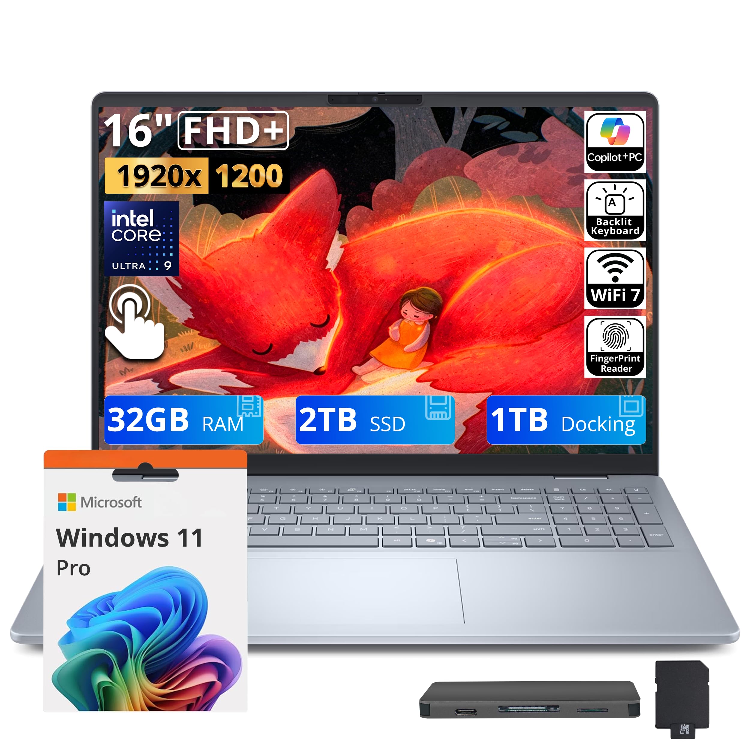 Dell Plus 16" FHD+ Touchscreen Laptop, Intel Core Ultra 9 288V, 32GB RAM, 3TB Storage(2TB SSD+1TB Docking Station), Intel Arc Graphics, Backlit Keyboard, Fingerprint, Copilot+ PC, Win 11 Pro, Blue