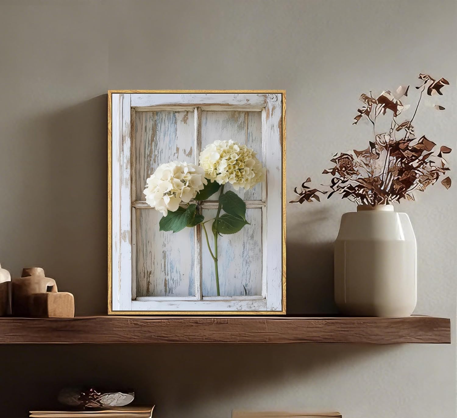 Framed White Hydrangea Canvas Wall Art Hydrangea Window Painting Picture Wall Decor Vintage Farmhouse Floral Poster Print Artwork for Living Room Bedroom Bathroom Farmhouse Home Decoration