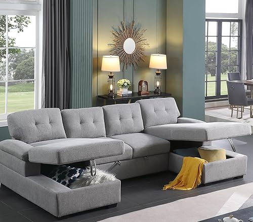 asunflower Sofá cama seccional con cama extraíble, sofá modular de gran tamaño con diván de almacenamiento en forma de U, color gris