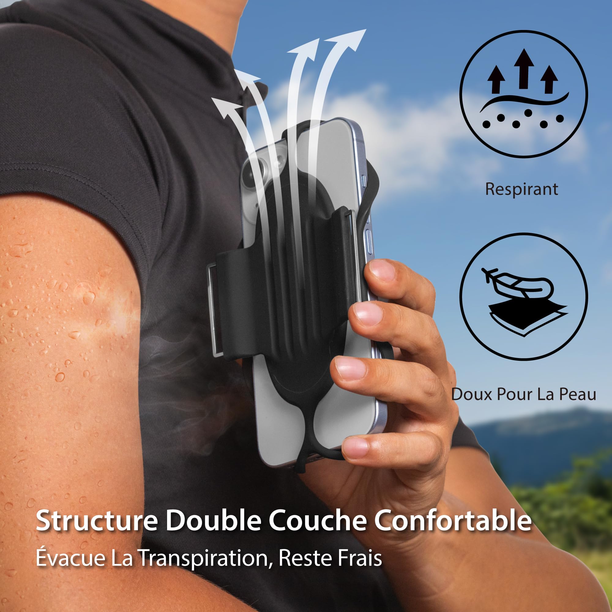 BONE Run Tie 3-Sport Pocket Kit – Kit Sport Pocket avec Brassards de Course S + L, Silicone Confortable Multi-Positions, Support Téléphone Universel 4–7,2" – Noir