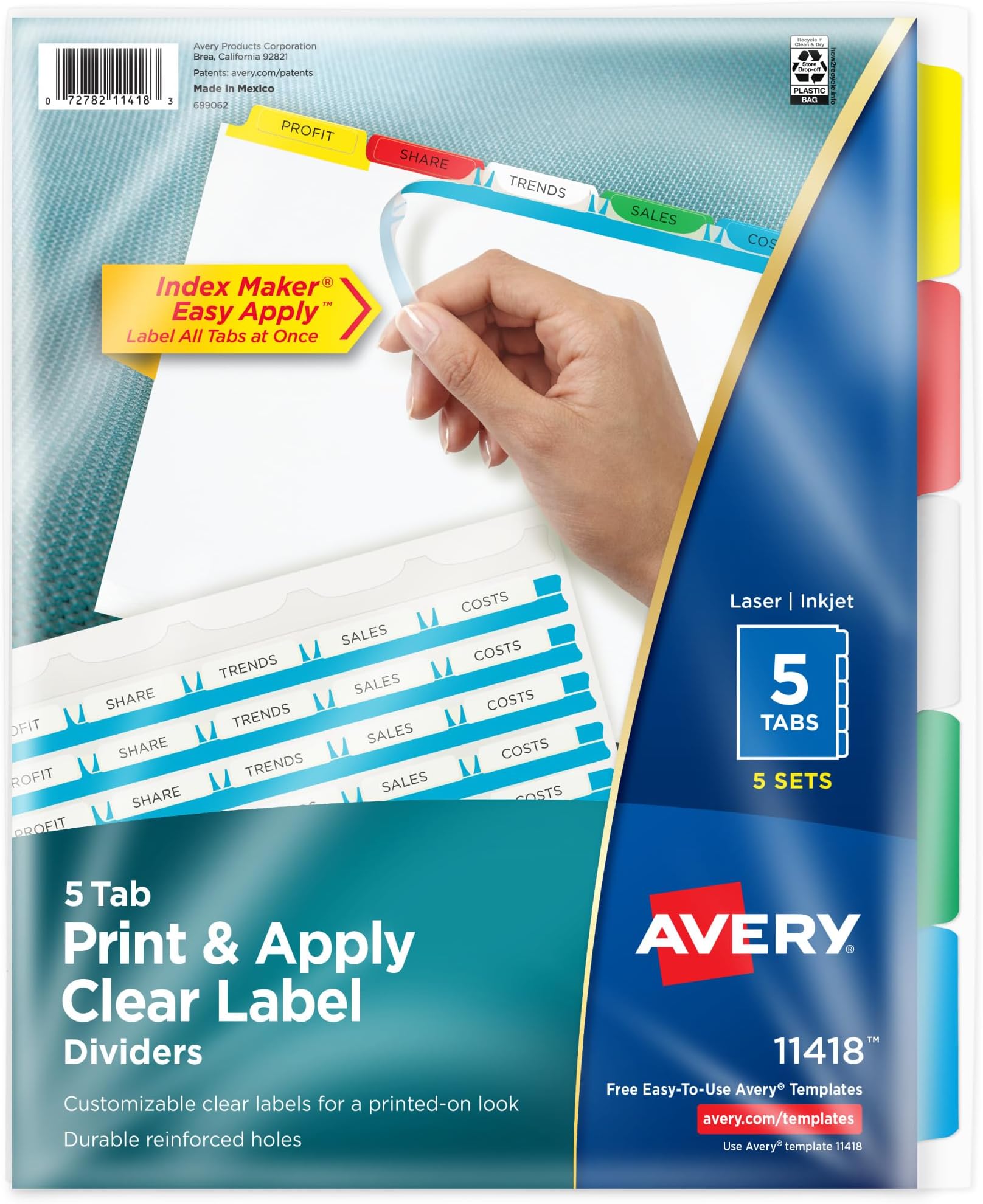 Avery Index Maker Clear Label Dividers, Easy Apply Label Strip, 5 Tab, Multi-Color, 5 Sets (11418)