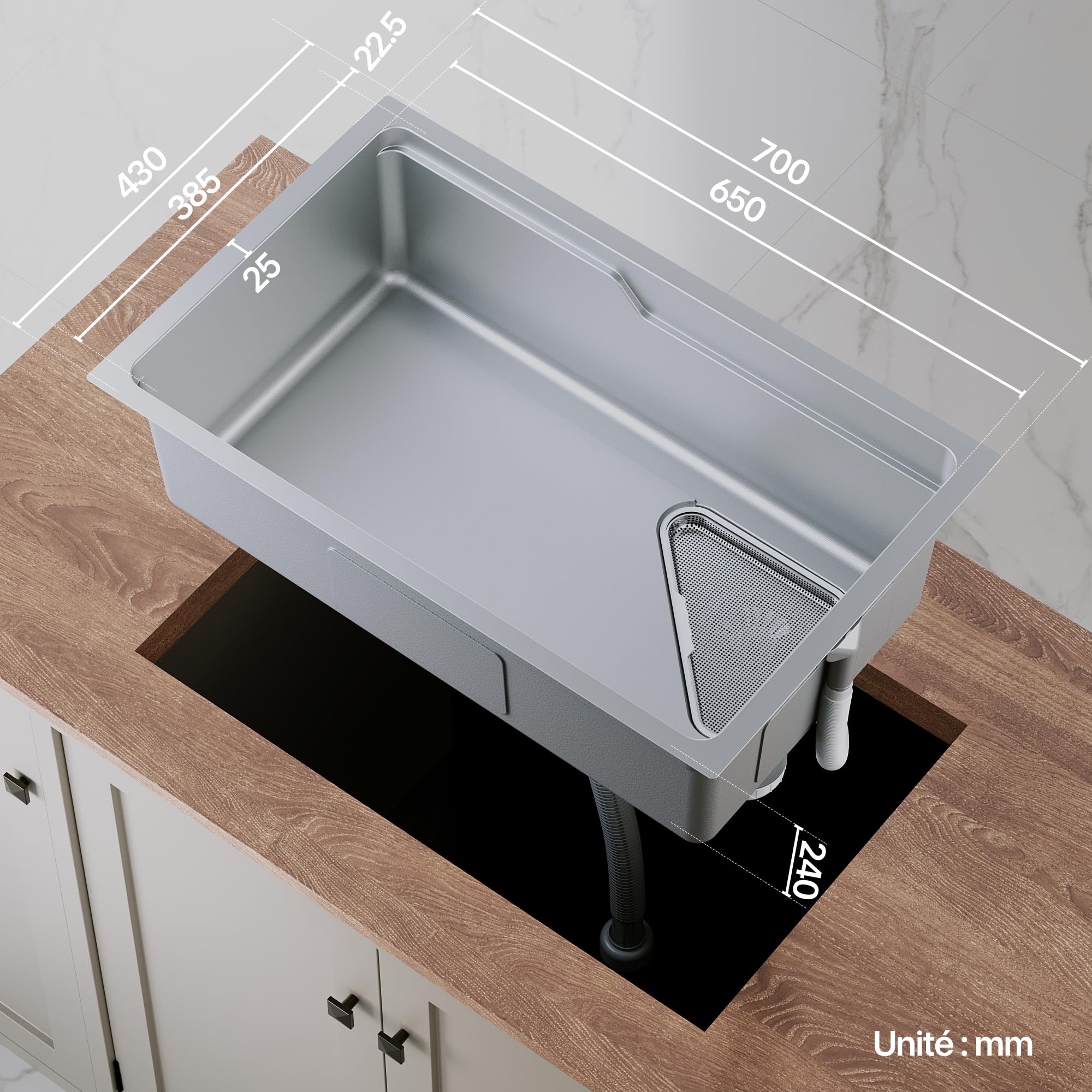 SIRHONA Evier Cuisine en Acier Inoxydable 70x48cm, avec Panier égouttoir, Passoire triangle, Lavabo Cuisine pour Meubles, avec Dernier Siphon et Trop-plein, Argent