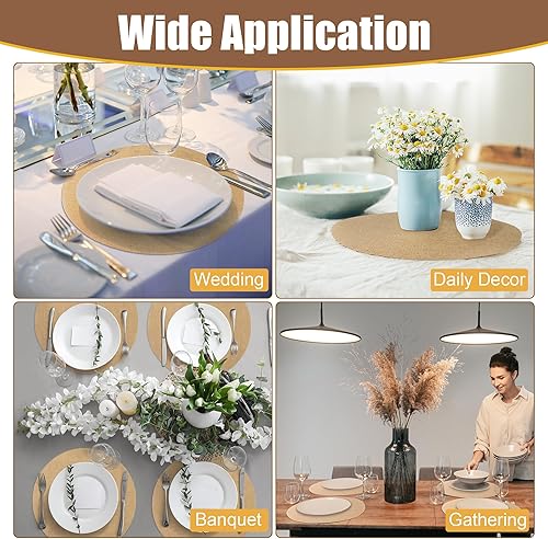 Miniatura 7 de Aneco 50 manteles individuales redondos de arpillera de 11.8 pulgadas, reutilizables, color marrón, resistentes al calor, de fibras de yute natural,