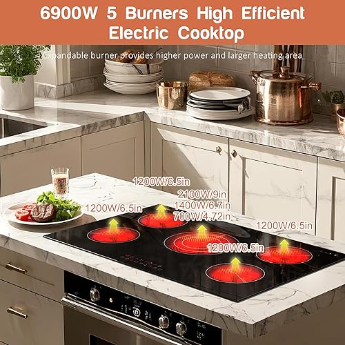 Miniatura 3 de Karinear Estufa eléctrica de 30 pulgadas, estufa eléctrica de 5 quemadores, estufa eléctrica de cerámica de 30 pulgadas, 9 niveles de potencia,