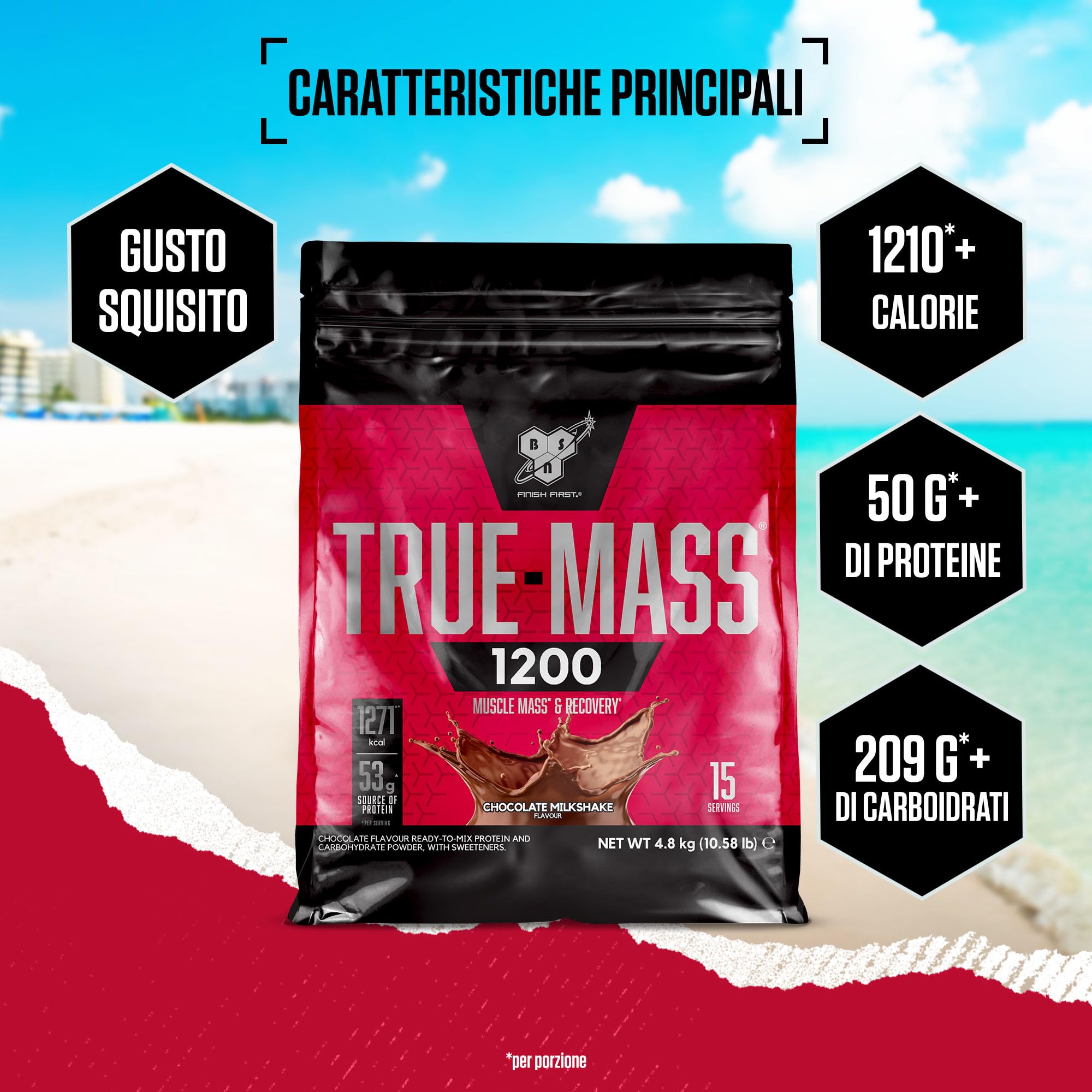 BSN True Mass 1200, Mass Gainer in Polvere con Proteine Whey Isolate e Carboidrati, Aumento di Peso, Crescita Muscolare e Recupero Post-Allenamento, Gusto Frullato al Cioccolato, 15 Porzioni, 4.8 kg