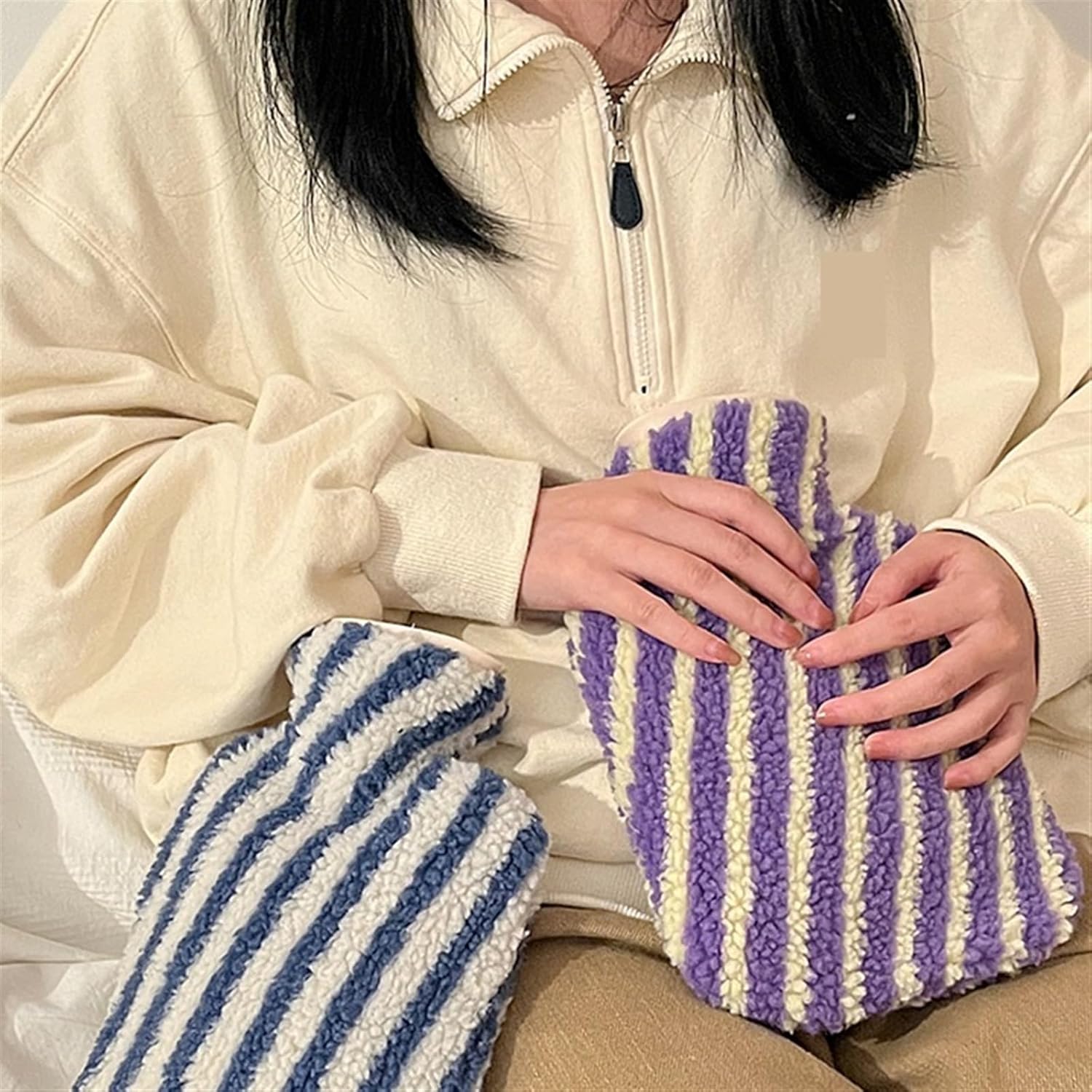 Hot Water Bag Hot Water Bottle Striped Hot Water Bag with Water Injection for Girls Warm Hand and Feet, Warm Water Bag for Students Large Size Thickened Warm Hands Rubber Hot Water Bottle (Color : 1