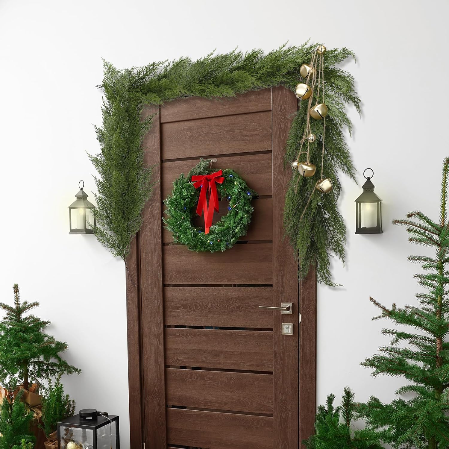 Shihanee 5 Feet Christmas Artificial Cedar Garlands with Metal Vintage Bell on Rope Realistic Soft Green Cedar Garland Faux Xmas Greenery Garland for Holiday Indoor Mantle Fireplace Decor - Image 7