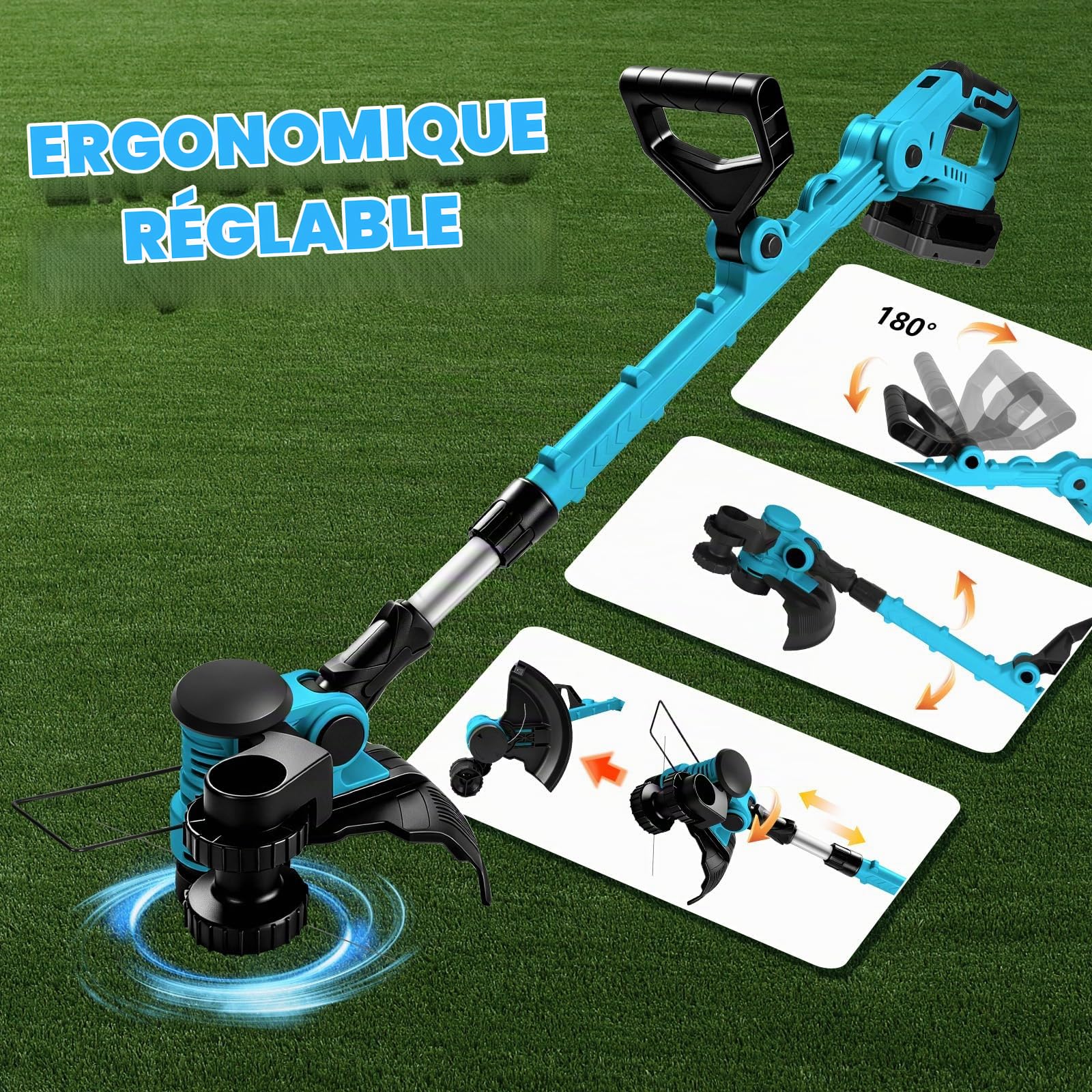 2In1 Coupe Bordures sans Fil,Rétractable, avec 2X 3000mah Batterie