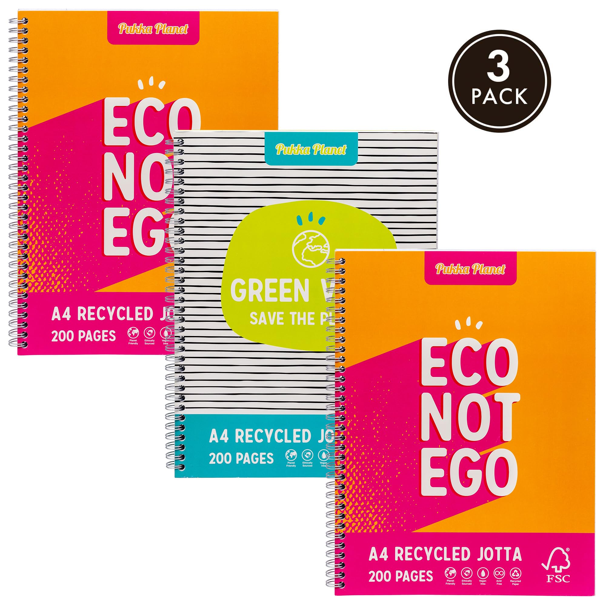 Pukka Planet Jotta - Confezione da 3 quaderni in 2 motivi assortiti con 200 pagine, 100 fogli di carta FSC a righe 80 g/m² con margini perforati a 4 fori, rilegatura a spirale argentata, completamente