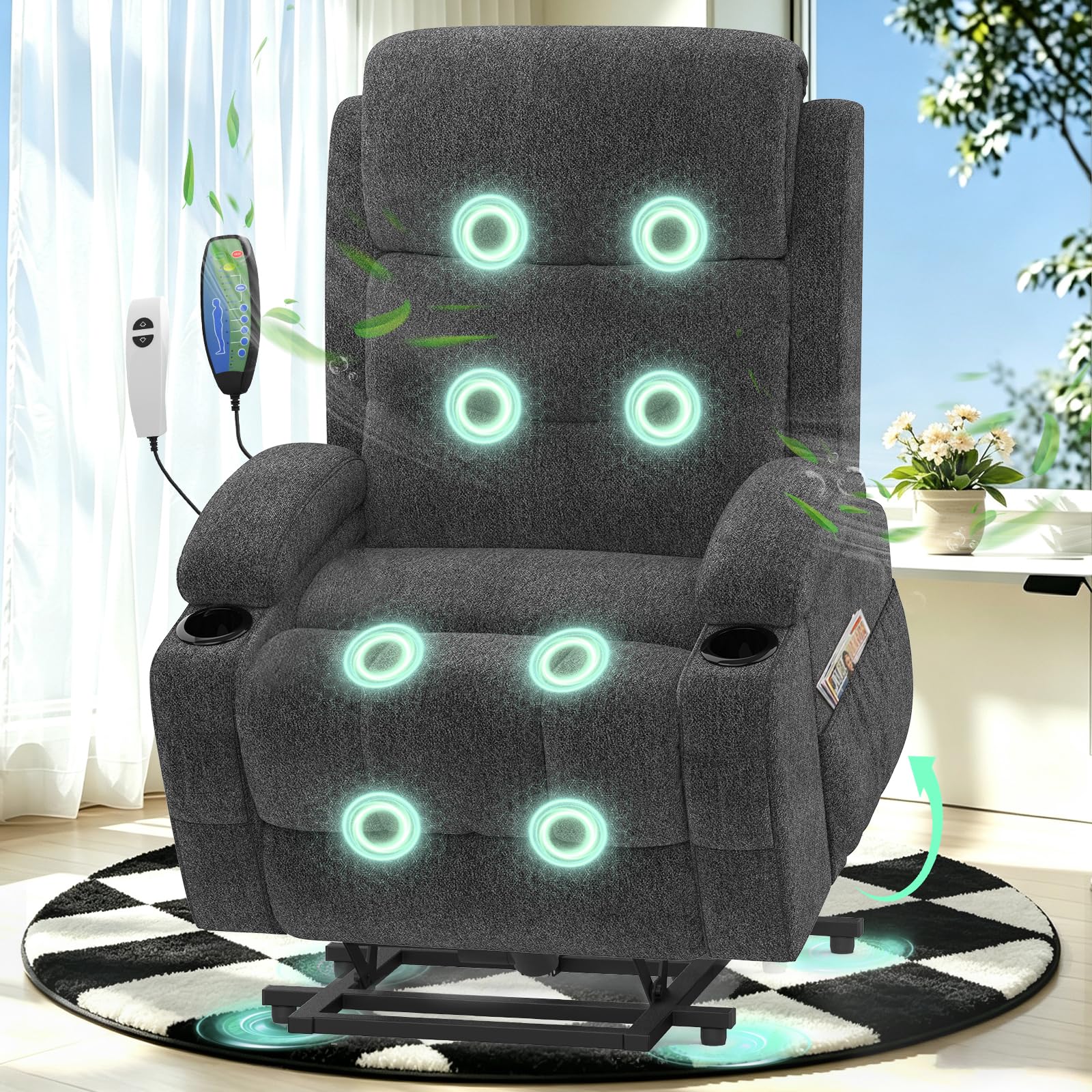 Srfzluxy Lift Chair For the Elderly,Recliner Armchair with Massage and Heat Lift Assist Recliner Chair for Living Room Lounge Sofa 2 Cup Holders & 4 Storage Pockets USB + Type-C Charging Port