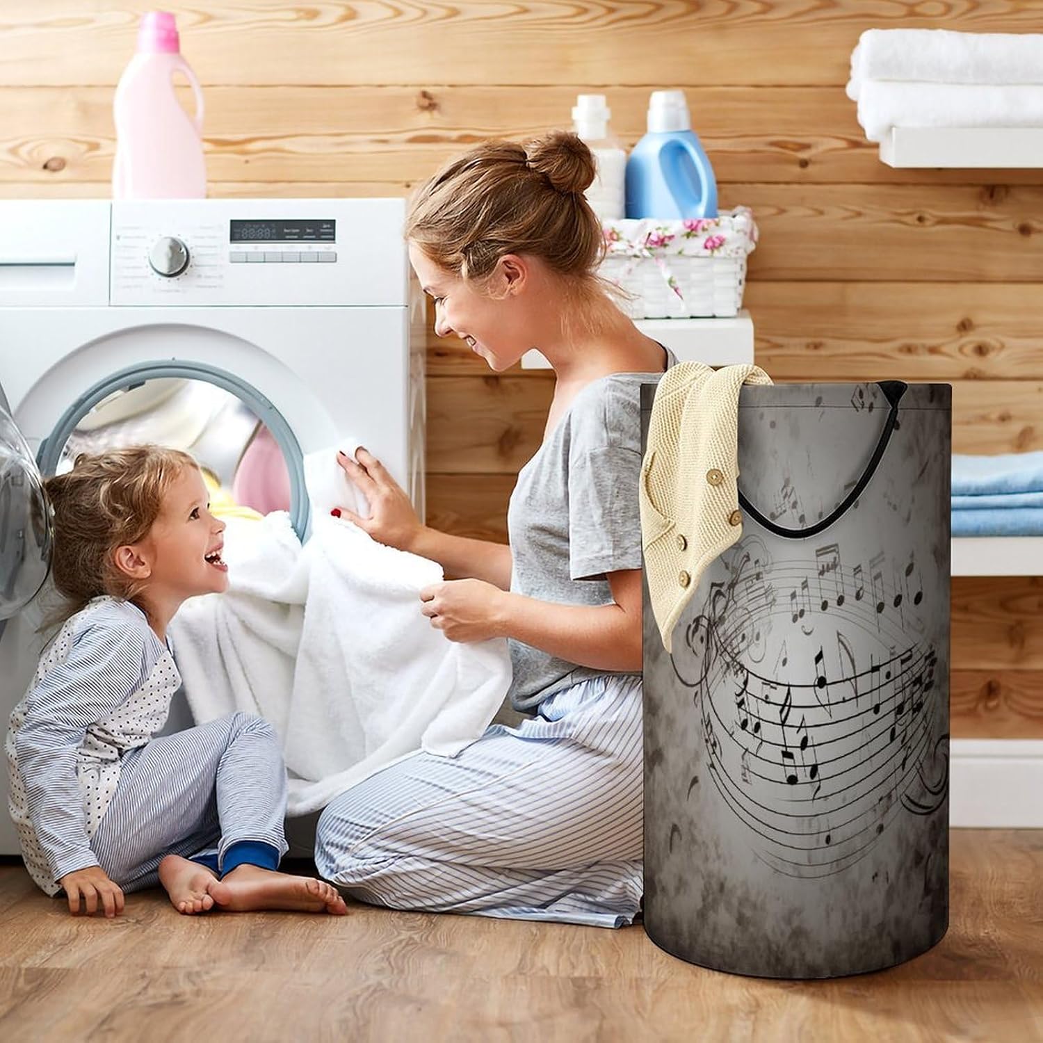 Music Note Wall Laundry Basket 86L Laundry Hamper | Collapsible Clothes Hamper with Reinforced Handles Waterproof Tall Foldable Dirty Clothes Basket for Hotel, Home, Closet