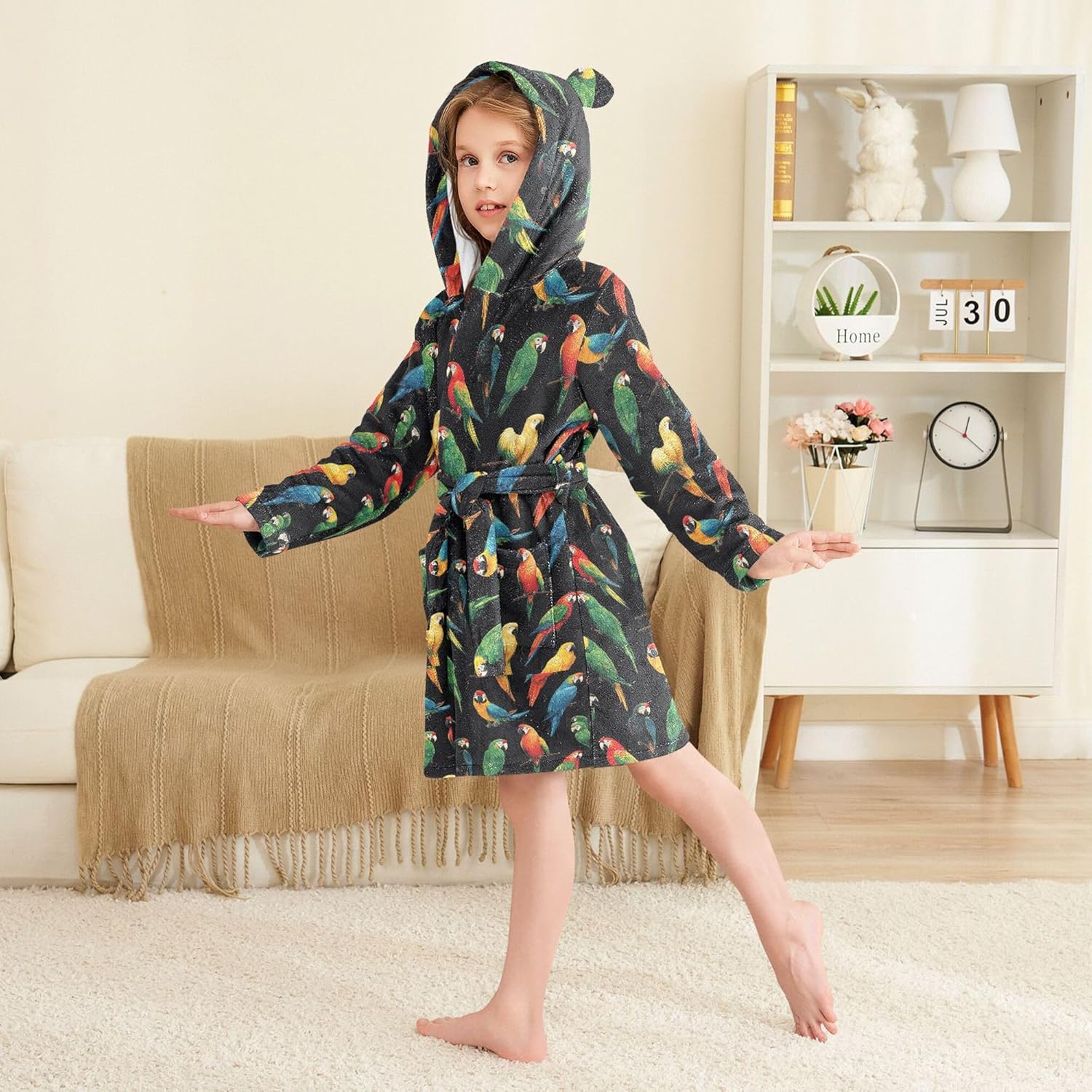Colorful Parrots Birds Bathrobe Hooded PJ Robe Plush Fleece Robe Pajama Sleepwear 2-12 Years