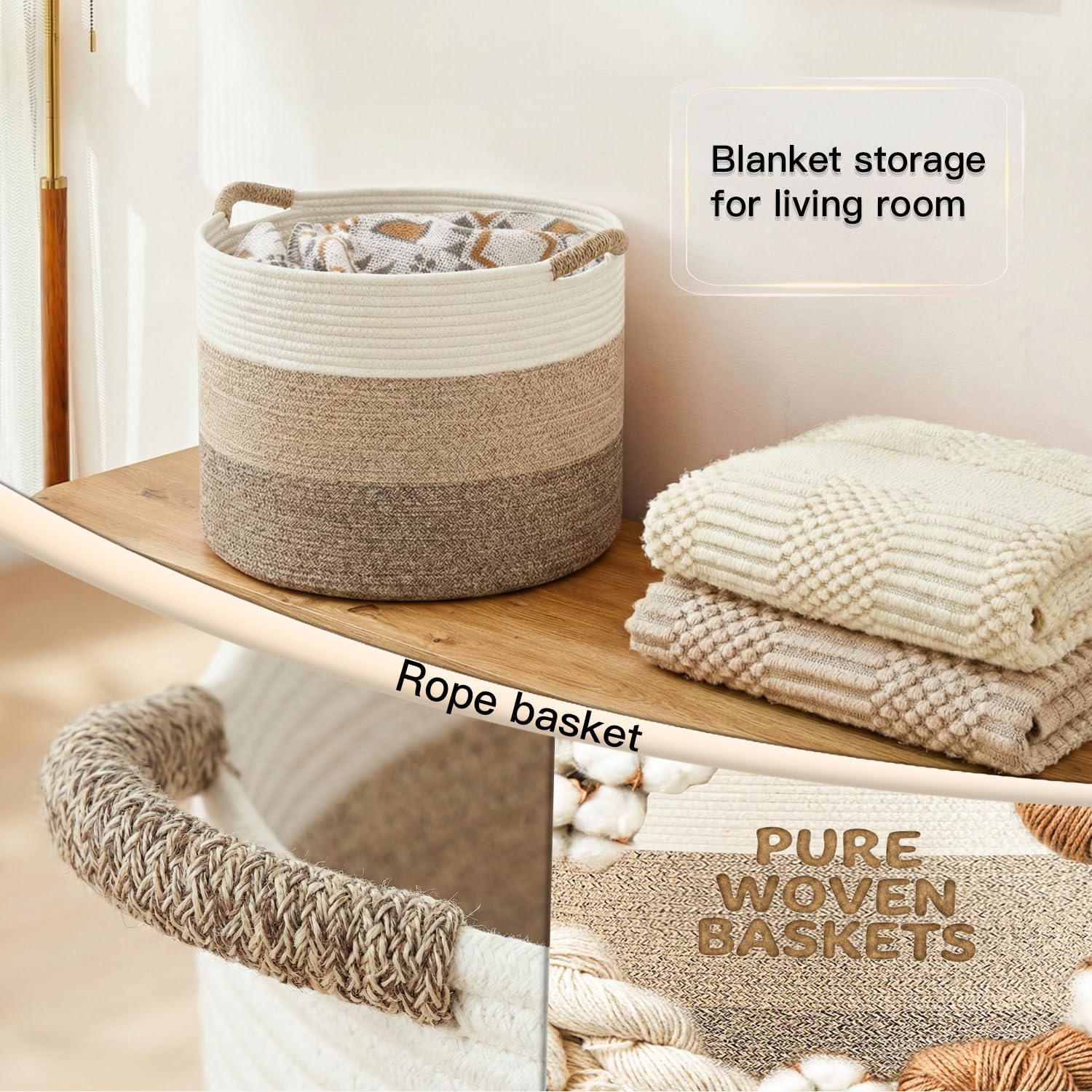 100L Large Cotton Rope Basket, Decorative Woven Blanket Storage for Living Room, Boho Toy Storage & Toy Box for Kids, Versatile Laundry Basket & Nursery Hamper for Blankets(BrownYellow)