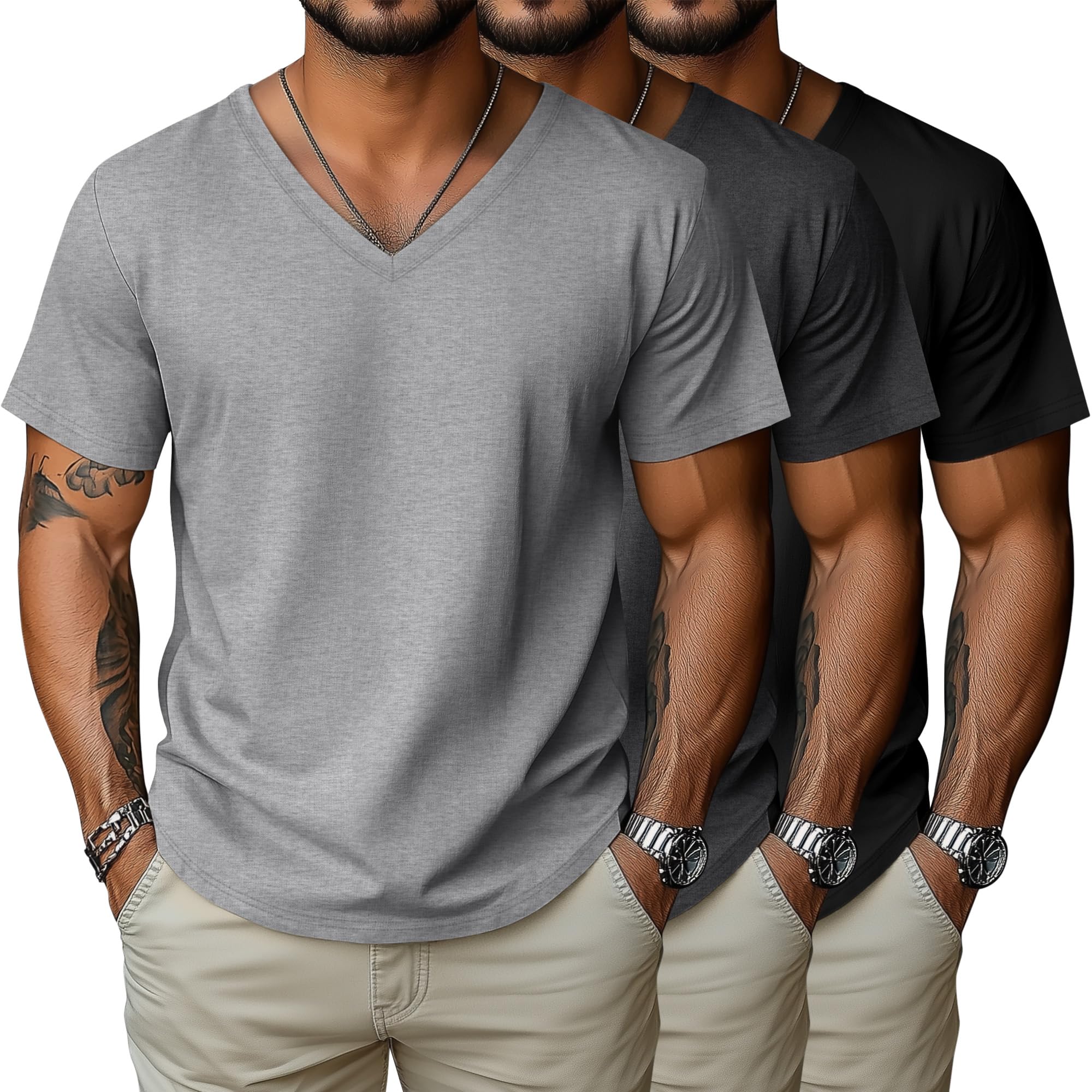 3 Pack Big and Tall Cotton Shirts for Men M-7XL Soft V Neck Shirt Plus Size Short Sleeve Tee Undershirt Casual Tops(Black, Dark Grey, Light Grey,