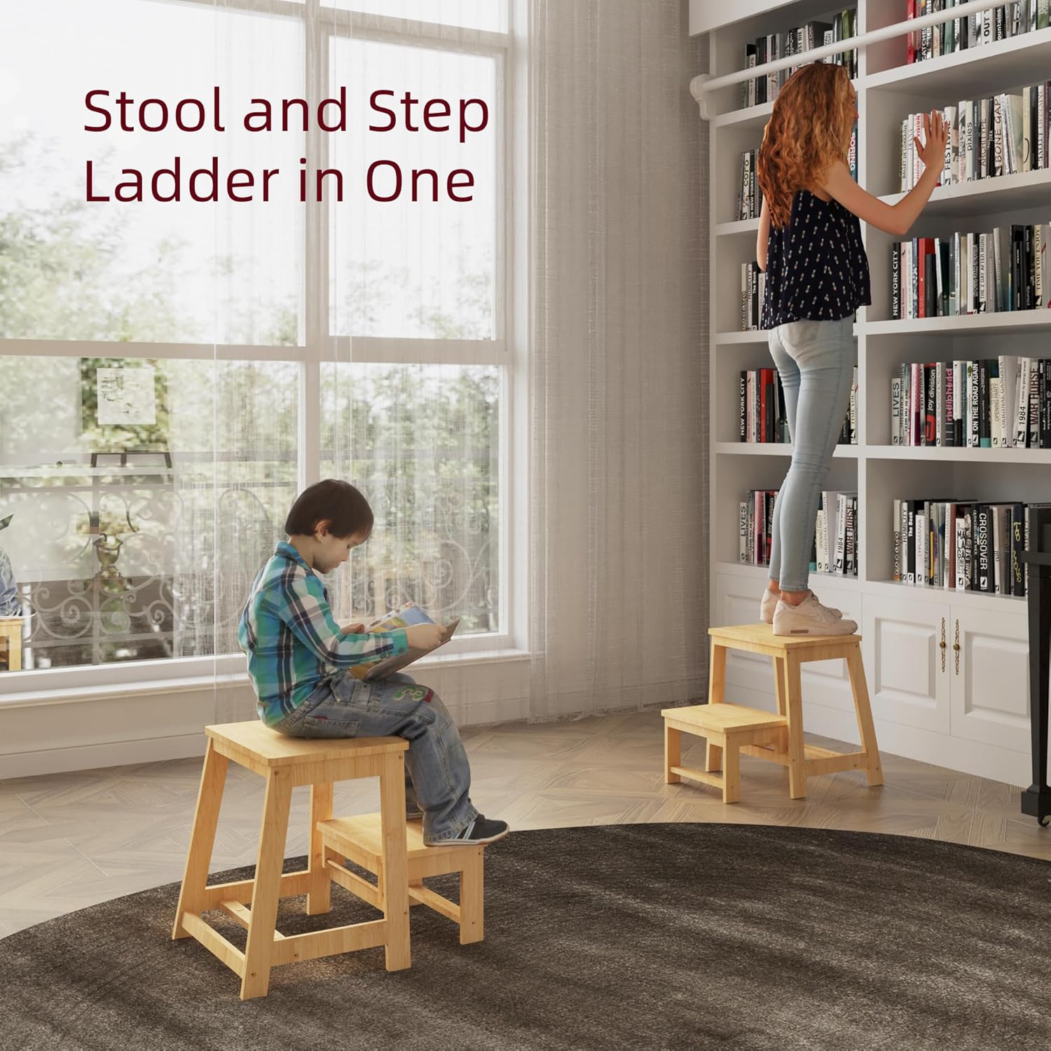 Bamboo Folding Step Stool with Sturdy Structure and Wide Stepping Surface for Safety, Multi-Purpose Foldable Step Stool, Step Ladder for Bathroom,Bedroom,Kitchen Step Stools for Adults 350 lbs