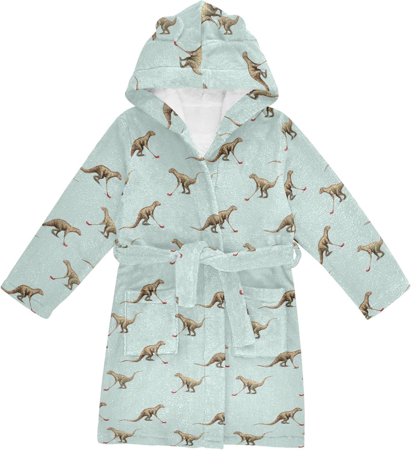 Dinosaur Hockey Sports Bathrobe Hooded PJ Robe Soft Fleece Robe Pajama Sleepwears 2-12 Years