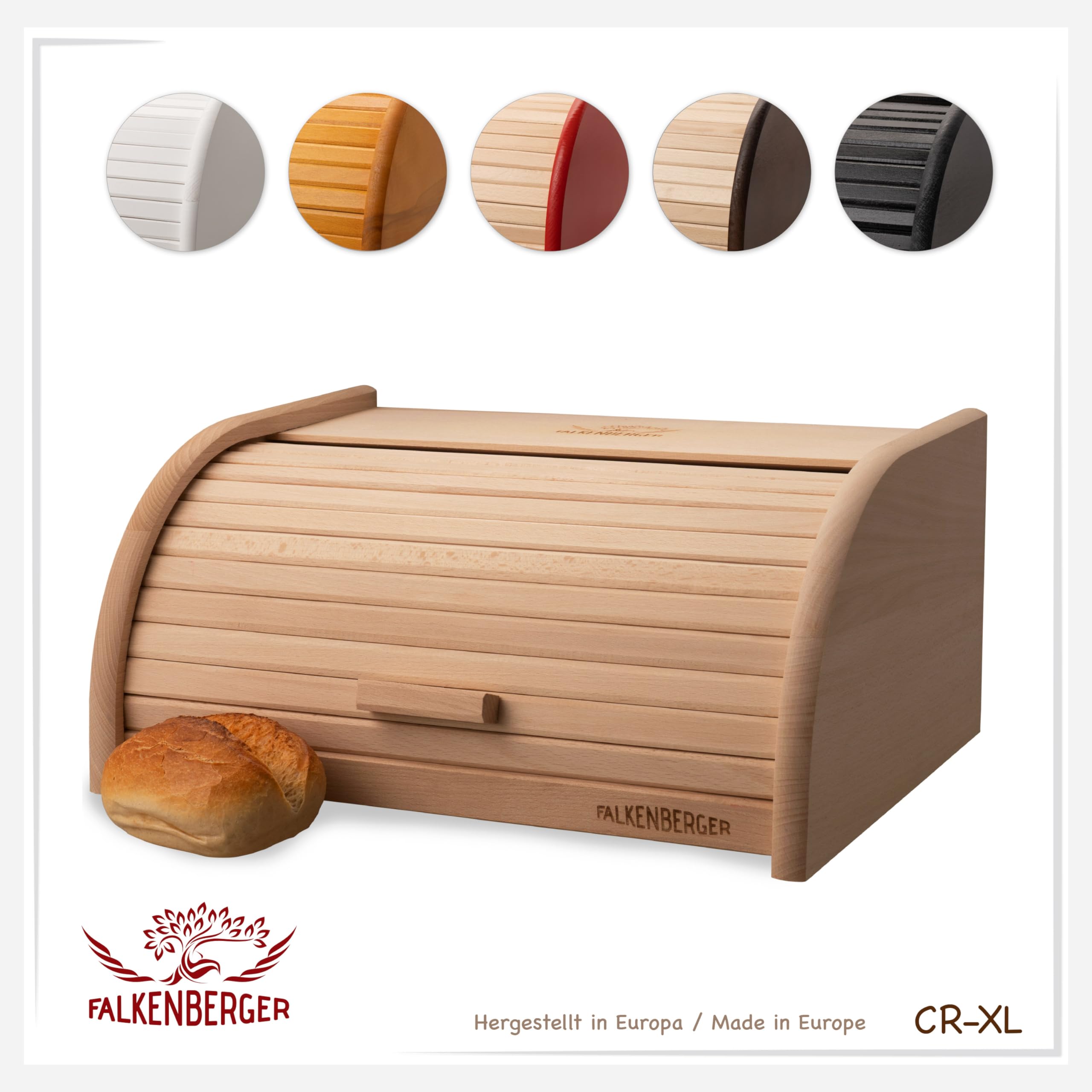 Contenitore per il pane in legno di faggio, ca. 39 x 28 x 18 cm, XL, con coperchio arrotolabile, realizzato a mano