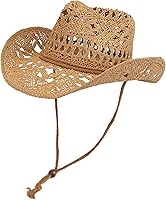 Melesh Straw Cowboy Hat for Women & Men - Shapeable 3.5" Wide Brim Sun Beach Western Cowgirl Hat
