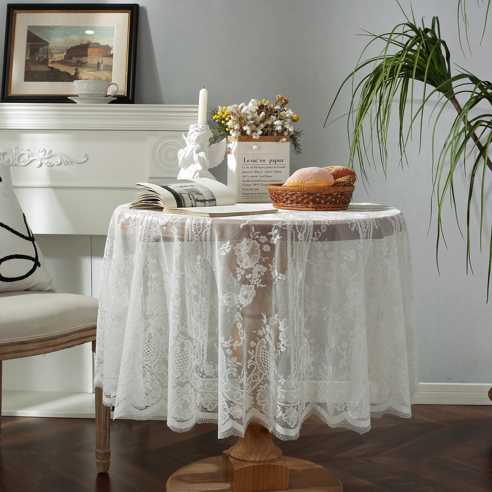 Weiße Spitze Tischdecke Bestickt Elegante Florale Muster Tischtuch Runde Overlay Tischdecke für Hochzeit Party Urlaub Lange Abendessen Home Decor (Rund-190CM/75, Weiß)
