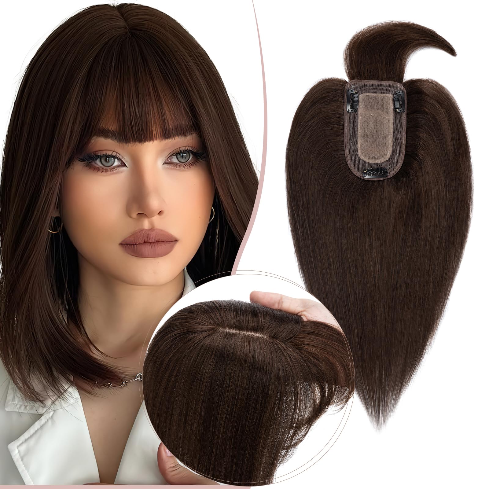 SEGO Pro Human Hair Topper with Bangs Hair Toppers for Women Real Human Hairpiece Silk Base Clip In 2.75 * 5.1 Inch Topper Increase Volume 6 Inch #02