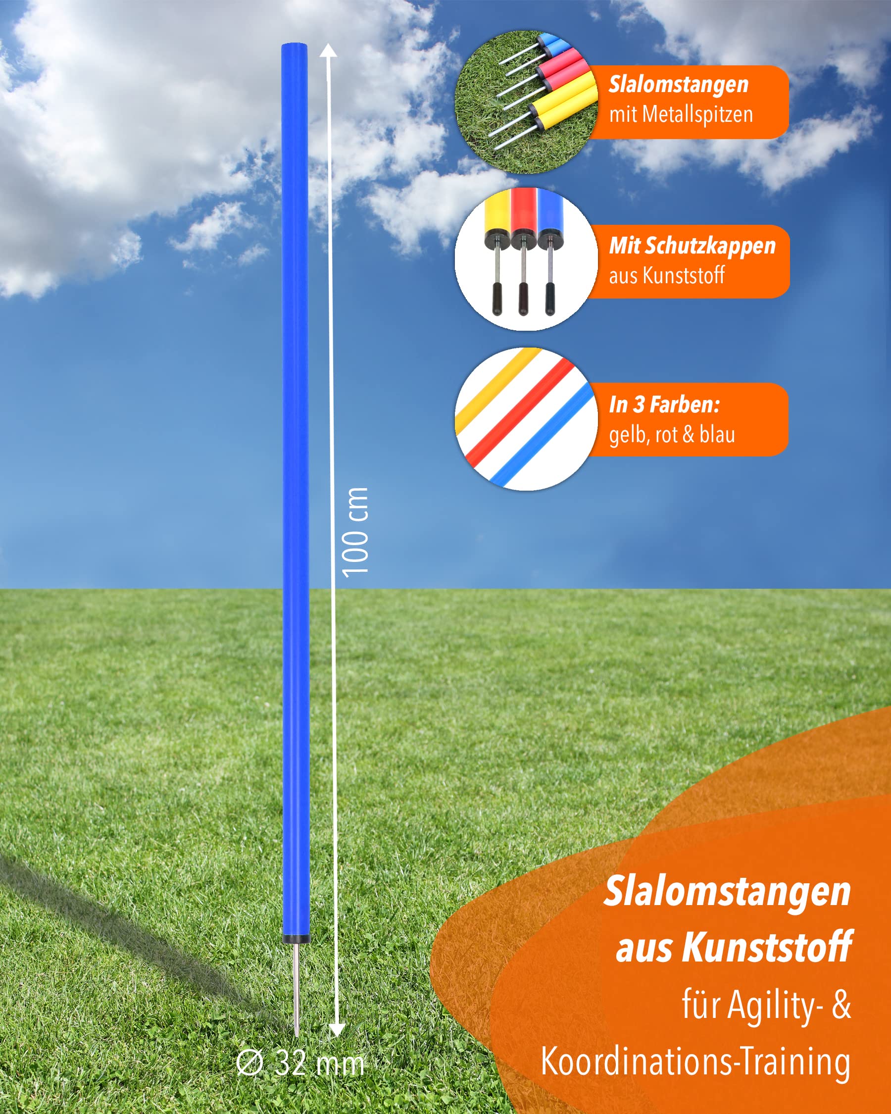 Slalomstangen 100 cm, ø 32 mm – 5er-Set – Trainingsstangen mit Metallspitze – für Agility- &Koordinationstraining – für Fußball & Hundesport
