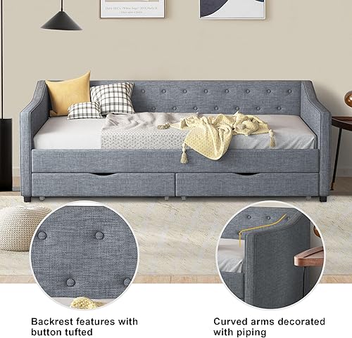 Miniatura 4 de Ball & Cast Sofá cama de tamaño individual con dos cajones y tapizado de lino, marco de cama de madera con botón en la parte trasera y brazos de