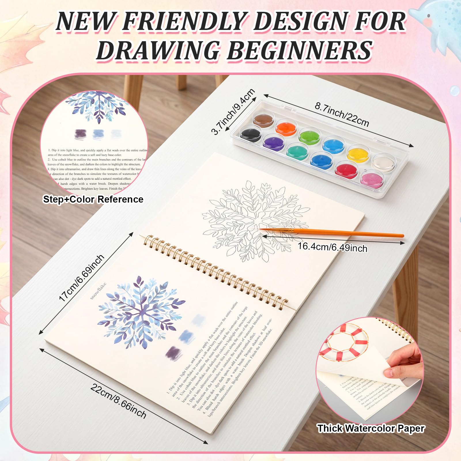 Jetec Aquarell-Arbeitsbuch für Erwachsene, Anfängerfreundliches Aquarell-Malset, Aquarell-Übungsbuch, entspannend, einfach zu malen, Wassermalbuch mit 12 Farben zum Verschenken von Kreativität, Freude