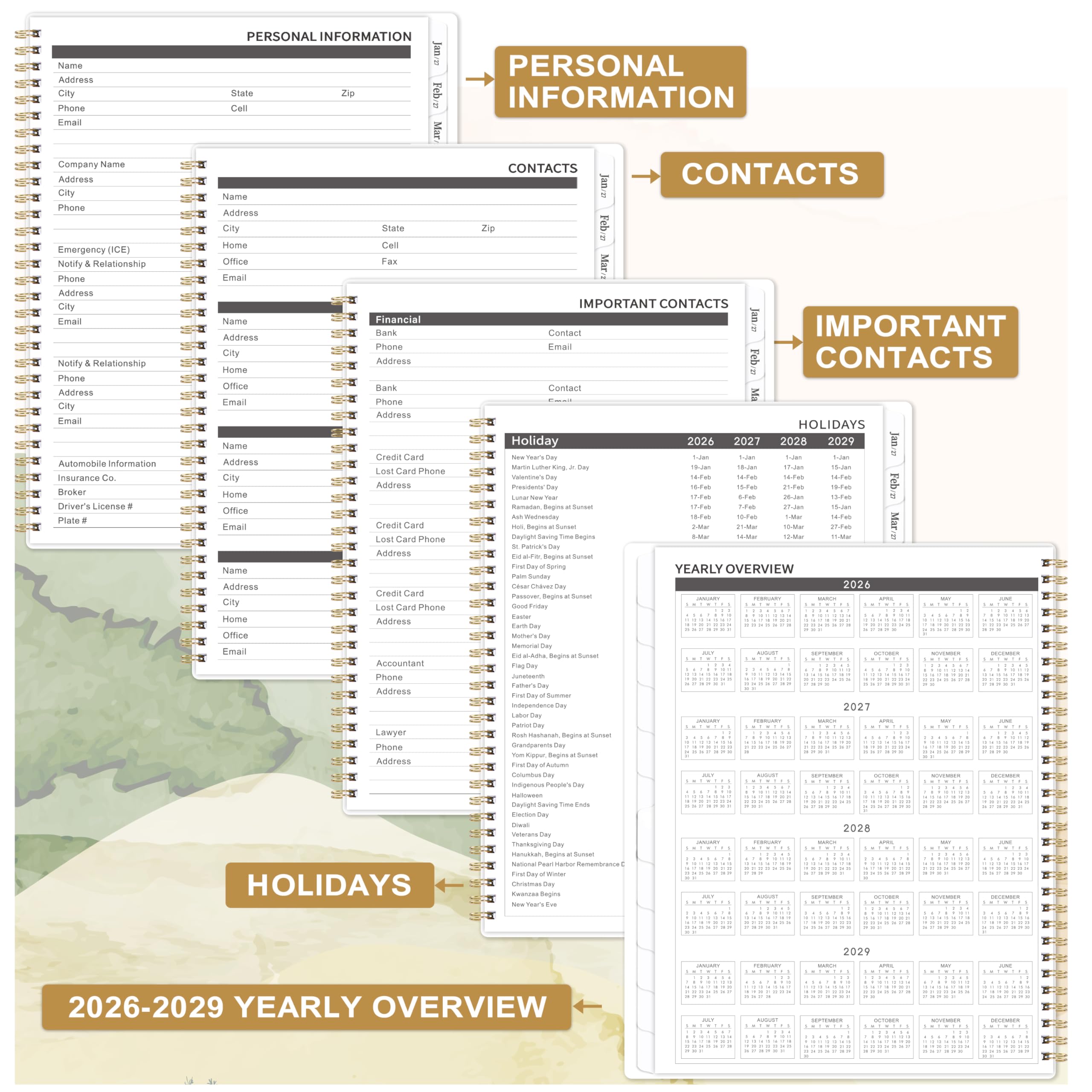 Monatskalender Planer 2026-2029 - 22,9 cm × 27,9 cm, großer 3-Jahres-Monatsplaner, Juli 2026 - Juni 2029, großer Kalender mit Register, Premium-Papier, Rücktaschen, stabiler Einband